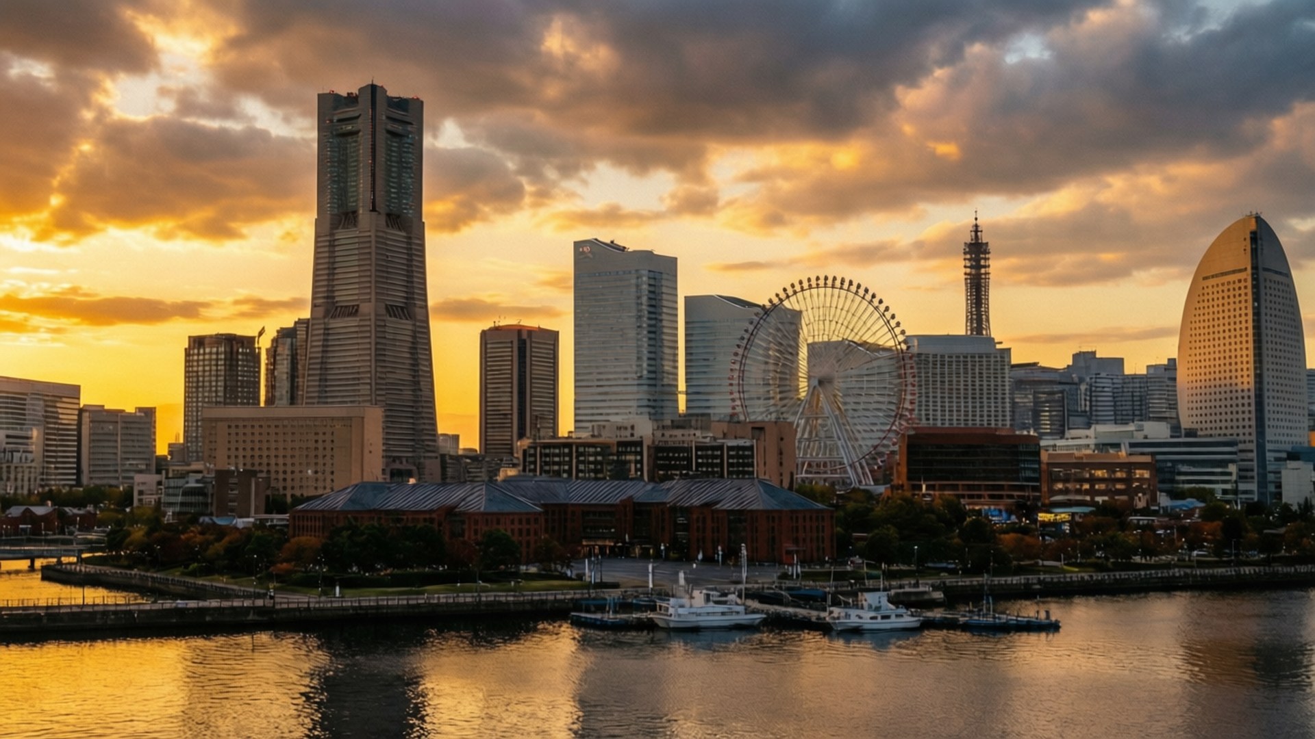 Yokohama, sunset, skyline, Full HD Desktop Wallpaper