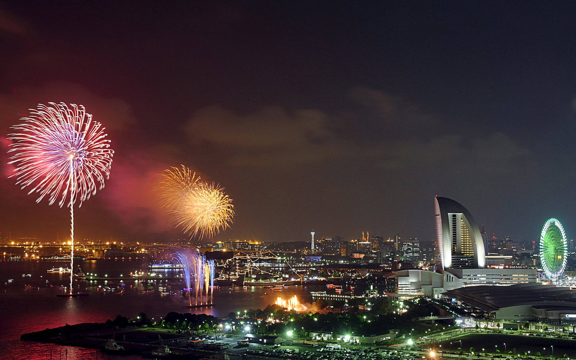 Yokohama, fireworks, night, Full HD Desktop Wallpaper