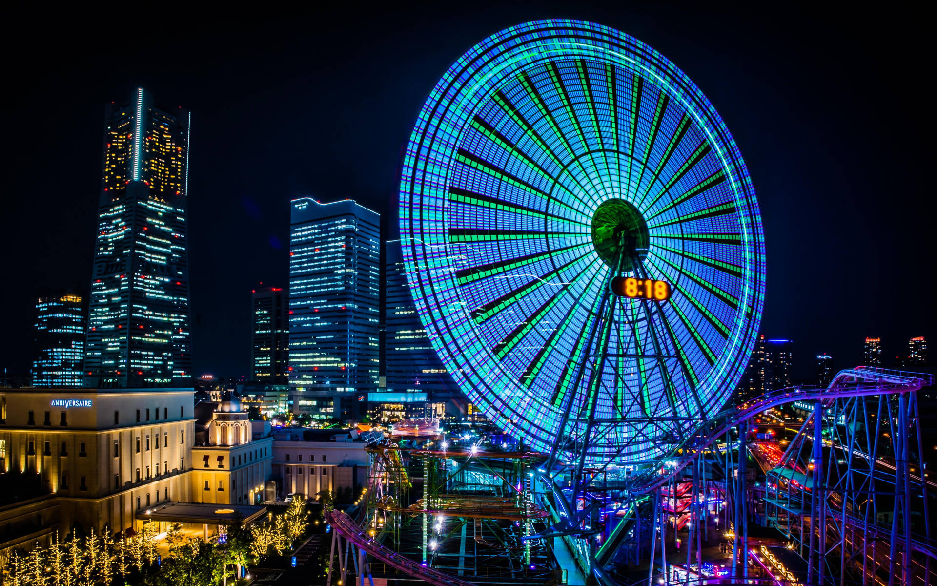 Yokohama, Ferris wheel, neon, Full HD Desktop Wallpaper