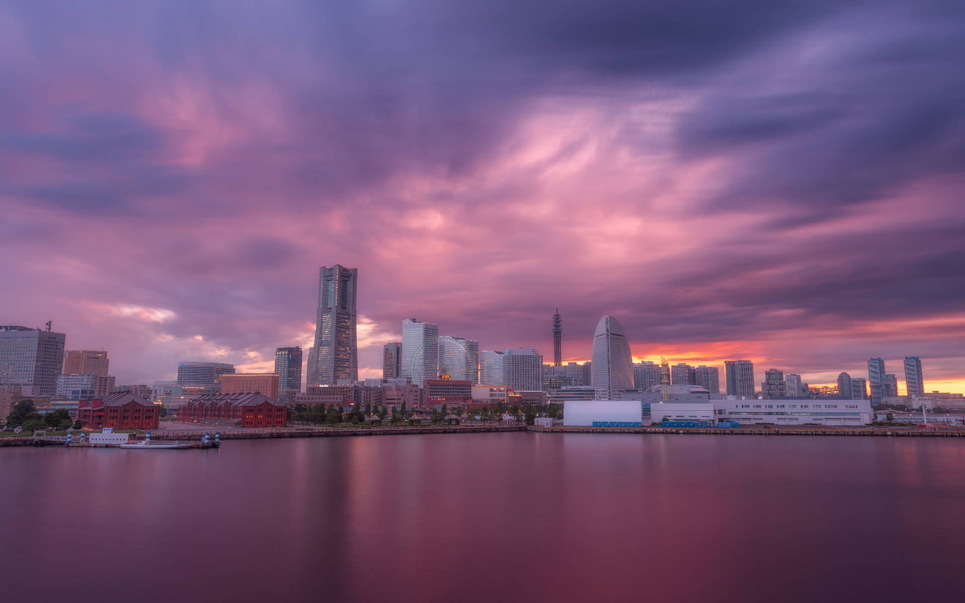 Yokohama, sunset, pink purple clouds, Full HD Desktop Wallpaper