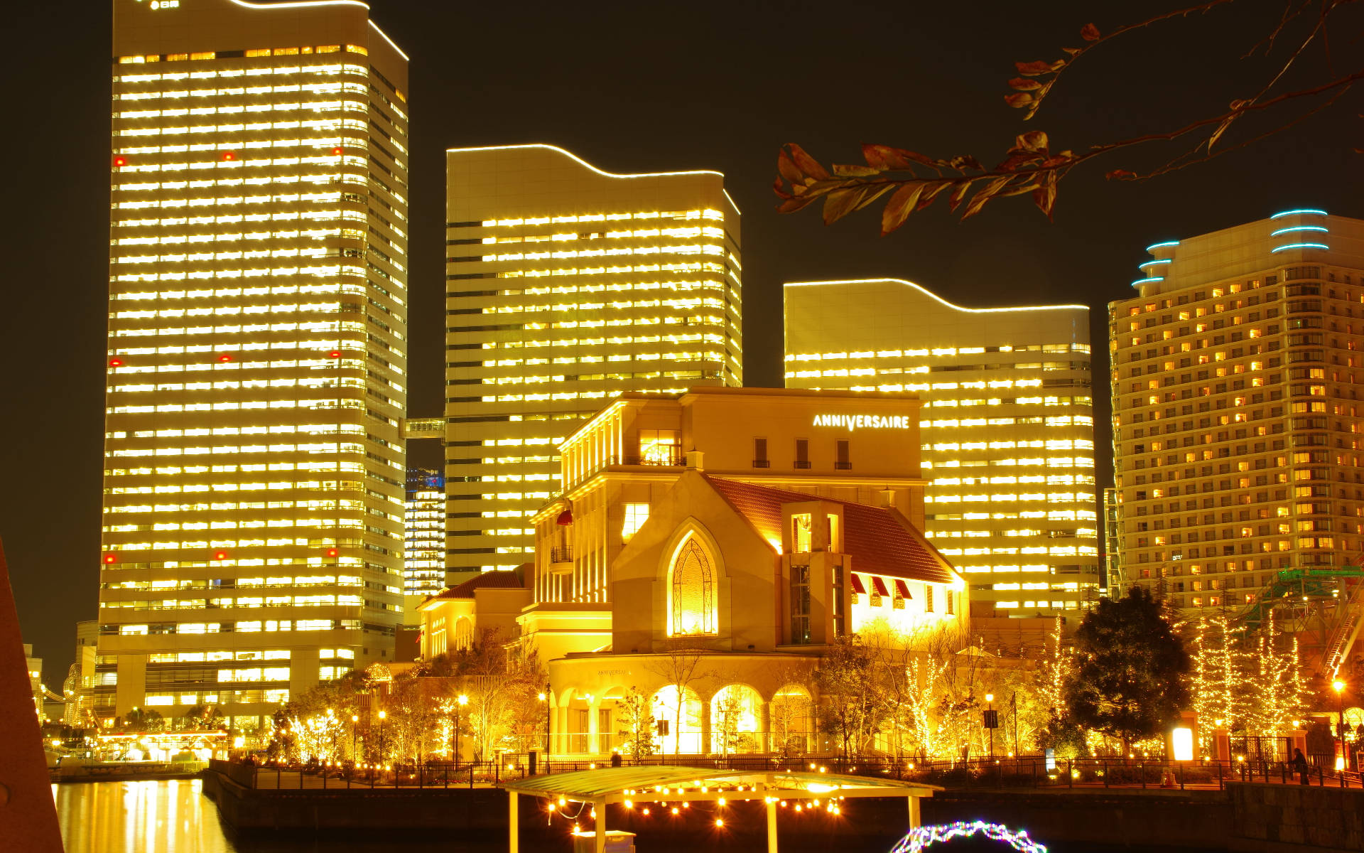 Yokohama, river, night, Full HD Desktop Wallpaper