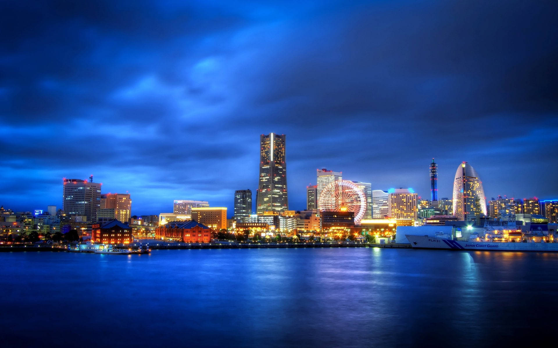 Yokohama, dusk, glowing skyscrapers, Full HD Desktop Wallpaper