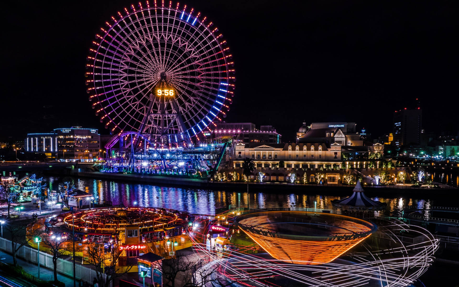 Yokohama, Ferris wheel, amusement park, Full HD Desktop Wallpaper
