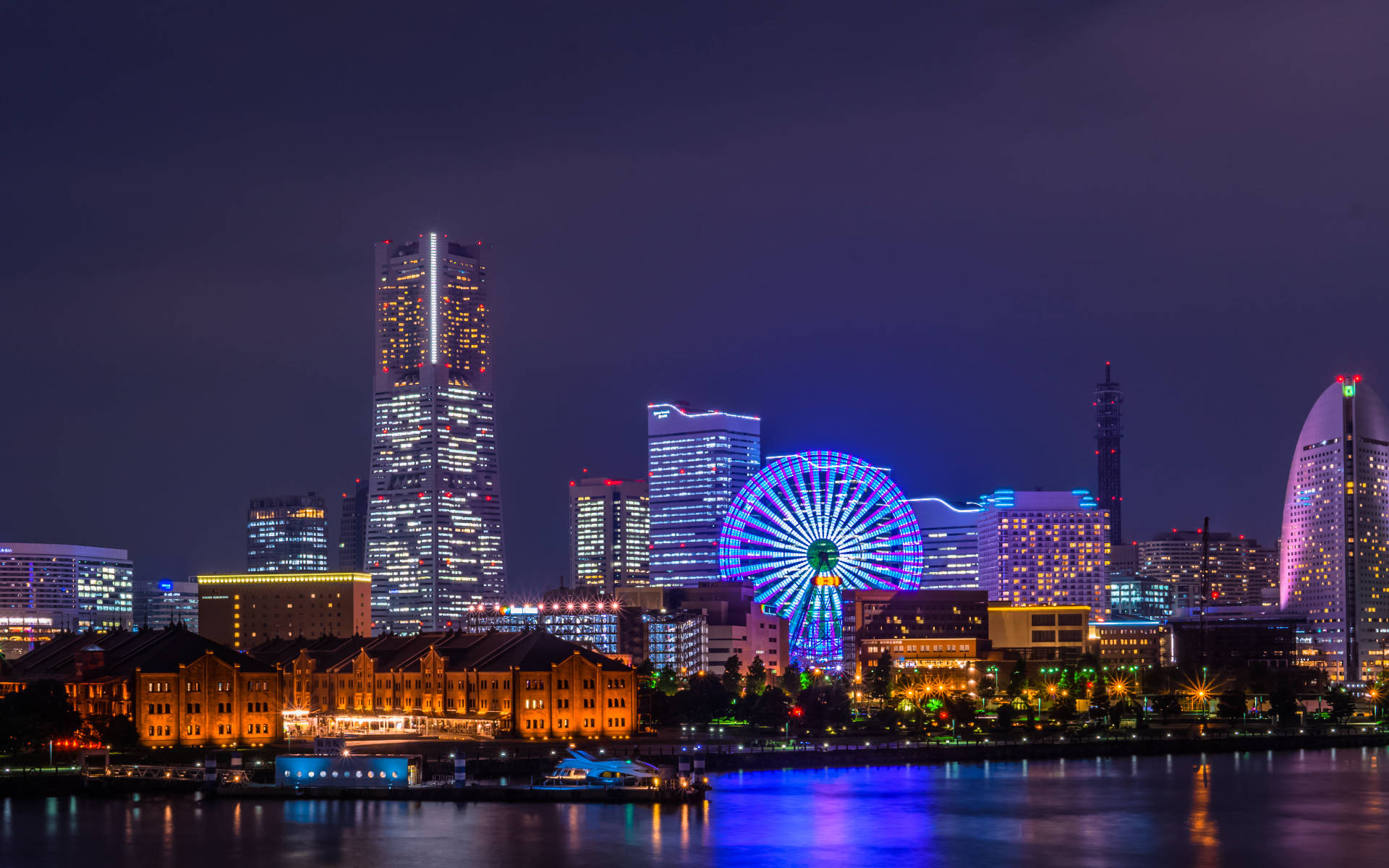 Yokohama, nighttime cityscape, glowing Ferris wheel, Full HD Desktop Wallpaper