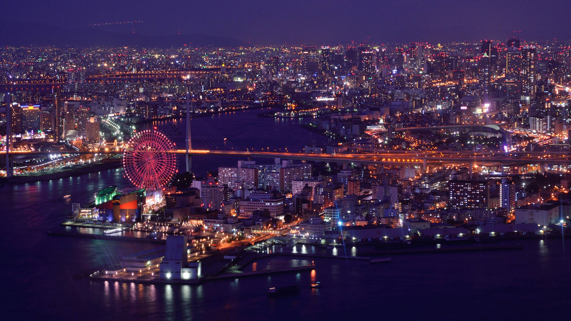 Yokohama, Ferris wheel, illuminated bridges, Full HD Desktop Wallpaper