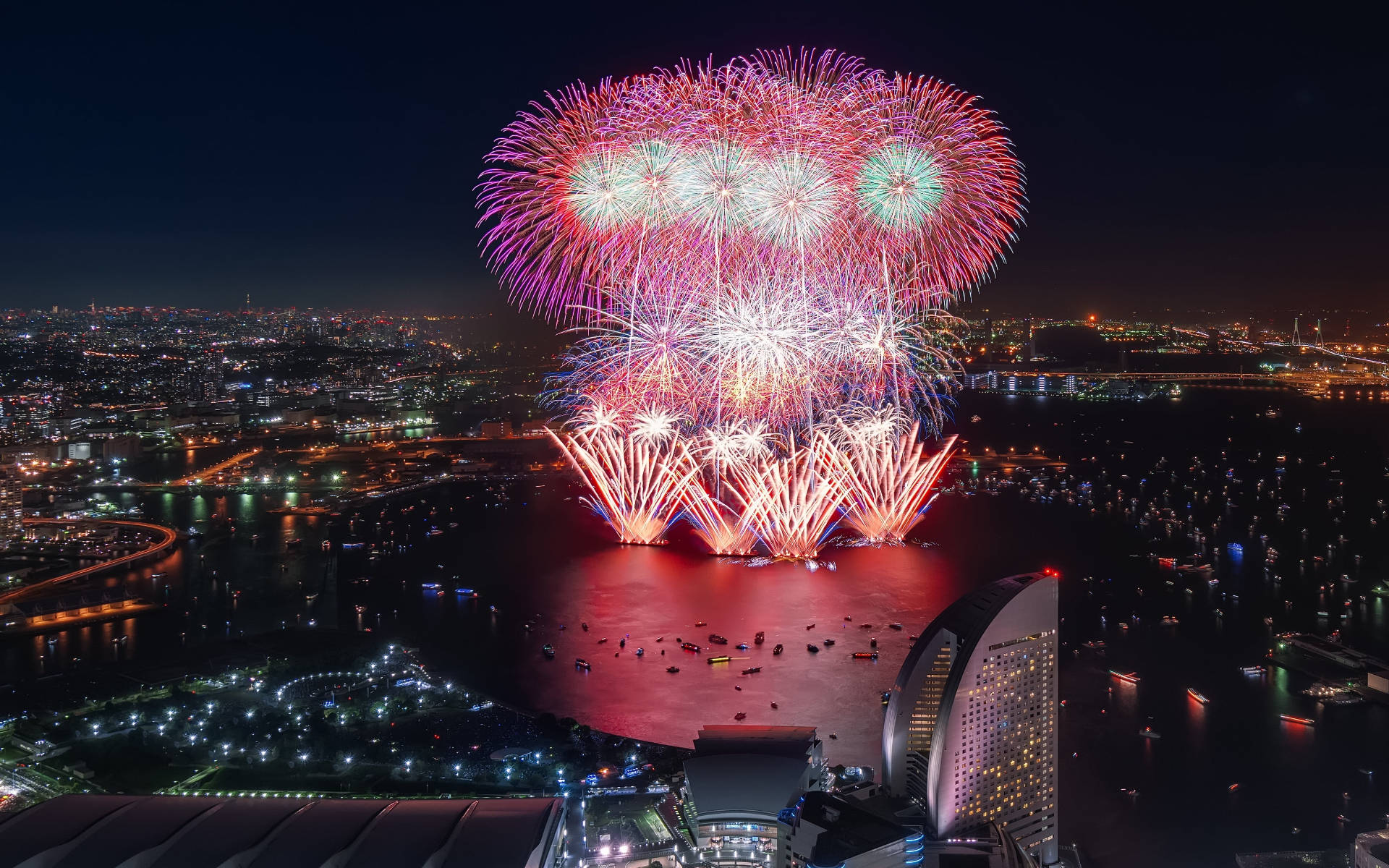 Yokohama, fireworks display, city waterfront, Full HD Desktop Wallpaper