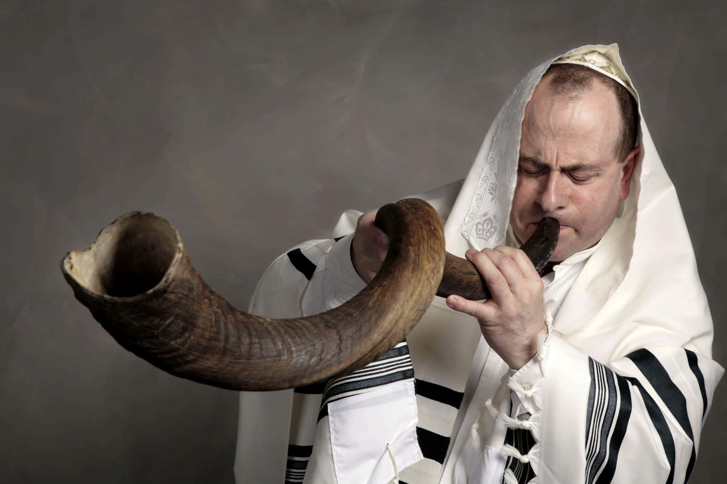Yom Kippur, shofar, white prayer shawl with black stripes, Full HD Desktop Wallpaper