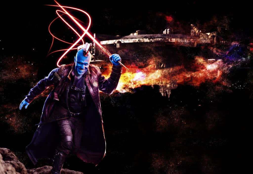 Yondu, blue-skinned alien warrior, glowing red weapon, SD Desktop Wallpaper
