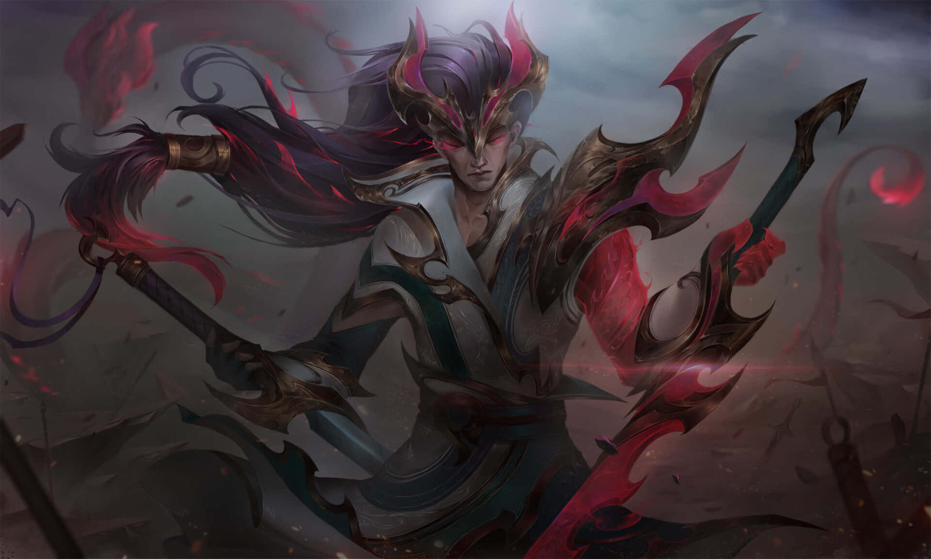 Yone, the Unforgotten Warrior, flowing dark hair, Full HD Desktop Wallpaper