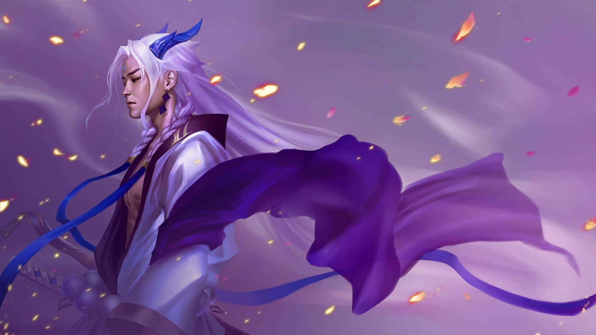Yone, white hair, purple robes, Full HD Desktop Wallpaper