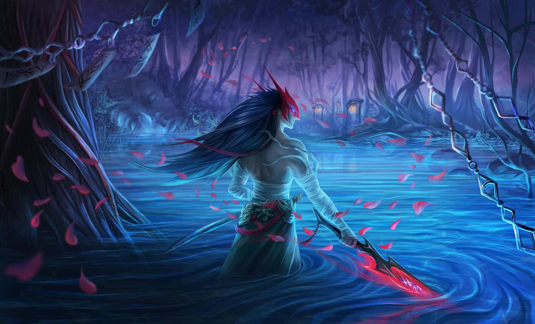 Yone, mystical forest, glowing blue water, HD Desktop Wallpaper