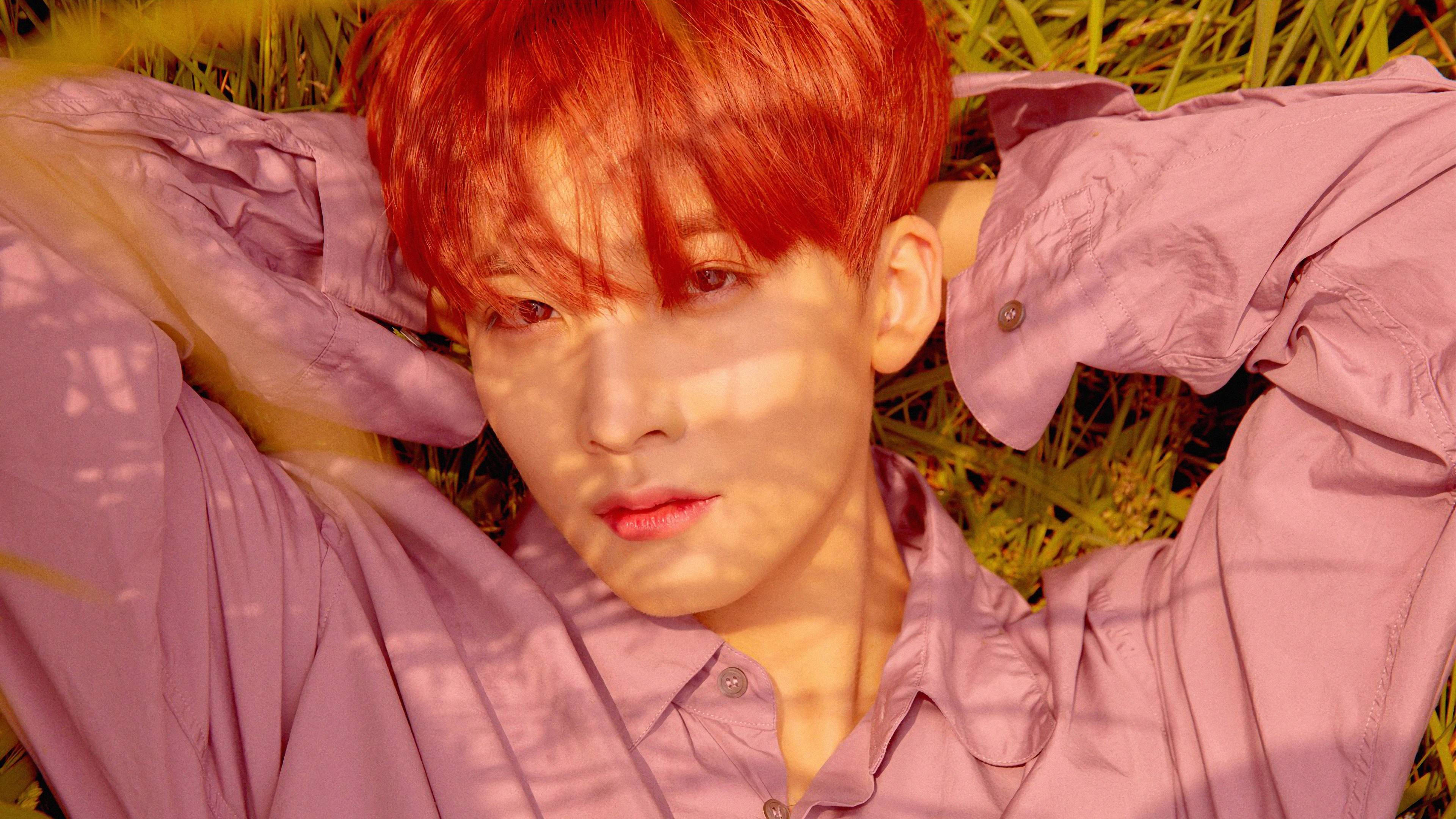 Yoon Jeonghan, vibrant red hair, lavender shirt, 4K Desktop Wallpaper
