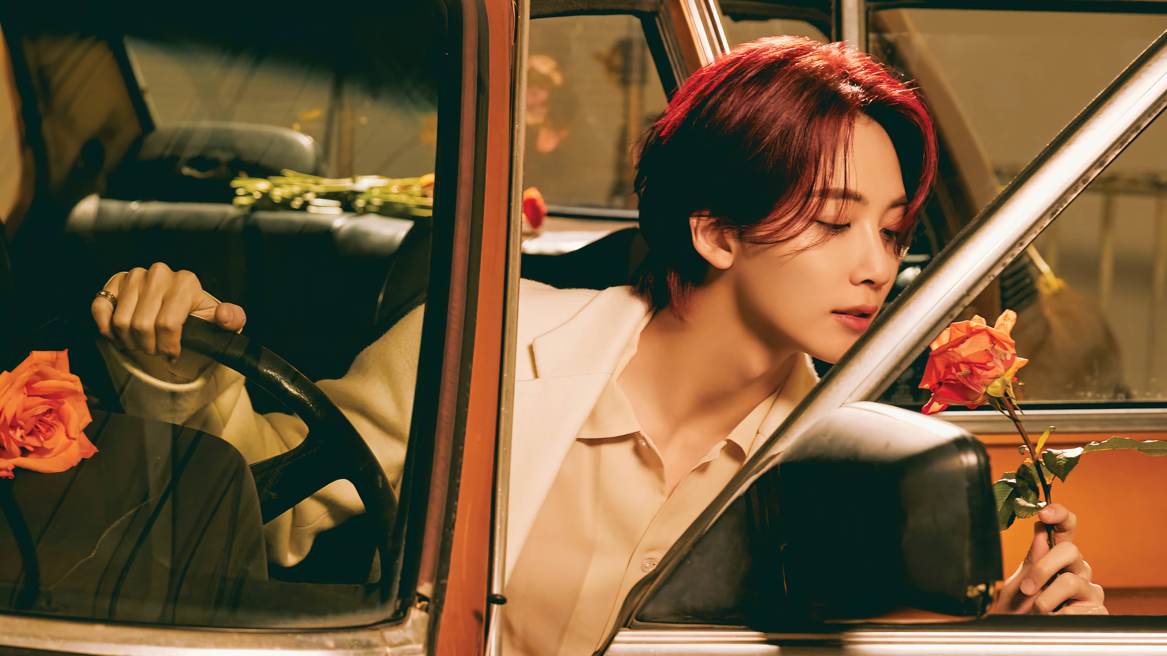 Yoon Jeonghan, red hair, vintage car, 4K Desktop Wallpaper