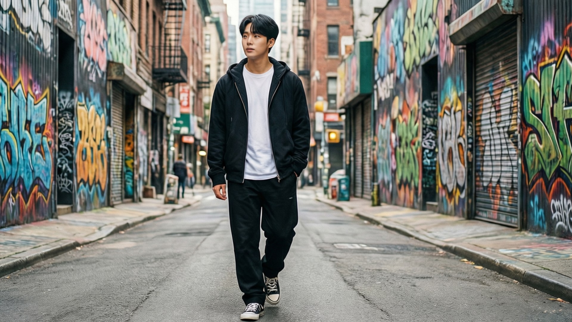 Jeonghan, black hoodie, urban alleyway, Full HD Desktop Wallpaper
