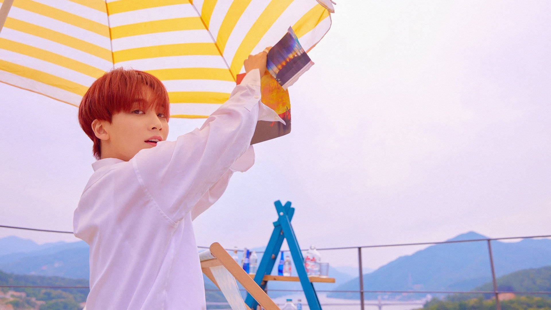 Yoon Jeonghan, red hair, yellow and white striped umbrella, Full HD Desktop Wallpaper