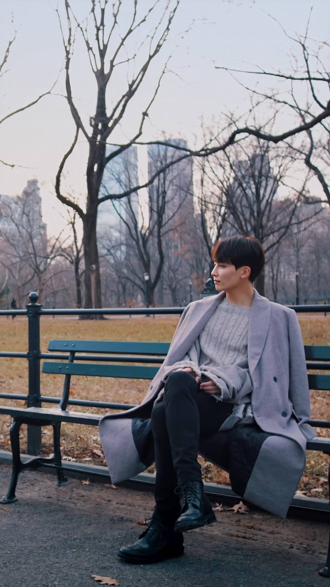 Yoon Jeonghan, gray coat, park bench, Full HD Phone Wallpaper