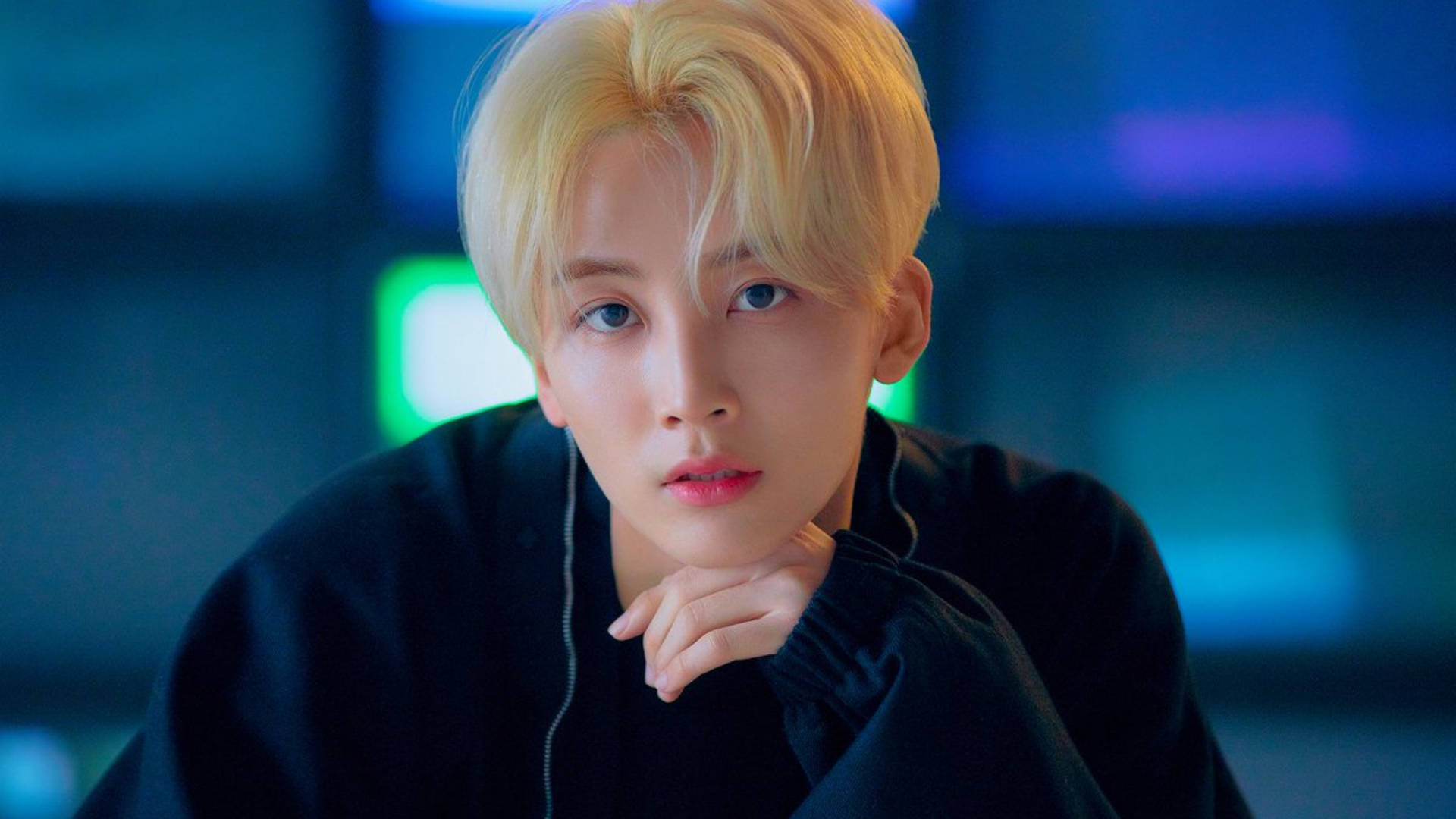 Yoon Jeonghan, neon background, blue and green, Full HD Desktop Wallpaper
