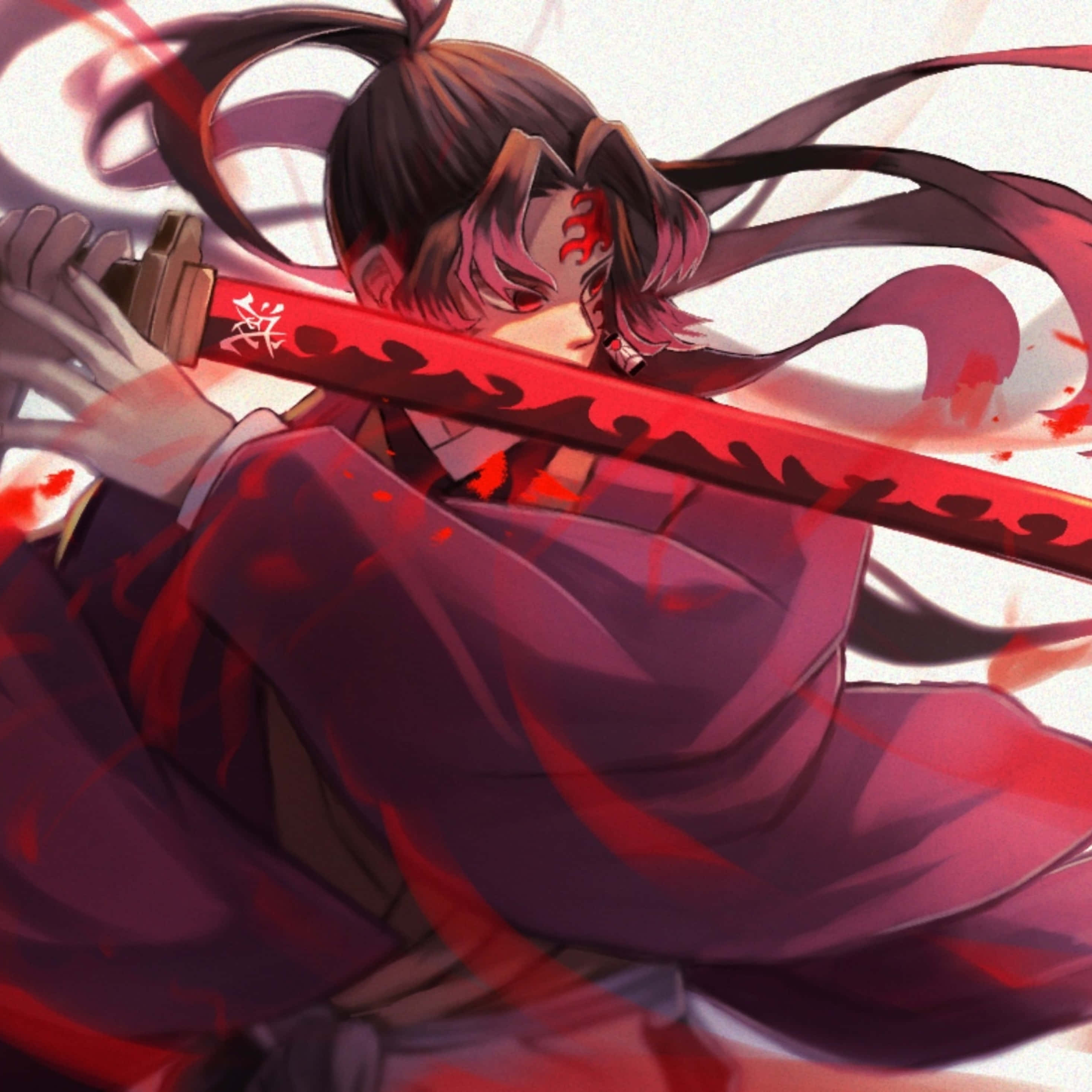 Yoriichi Tsugikuni, red saber, bloodied sword, 2K Desktop Wallpaper