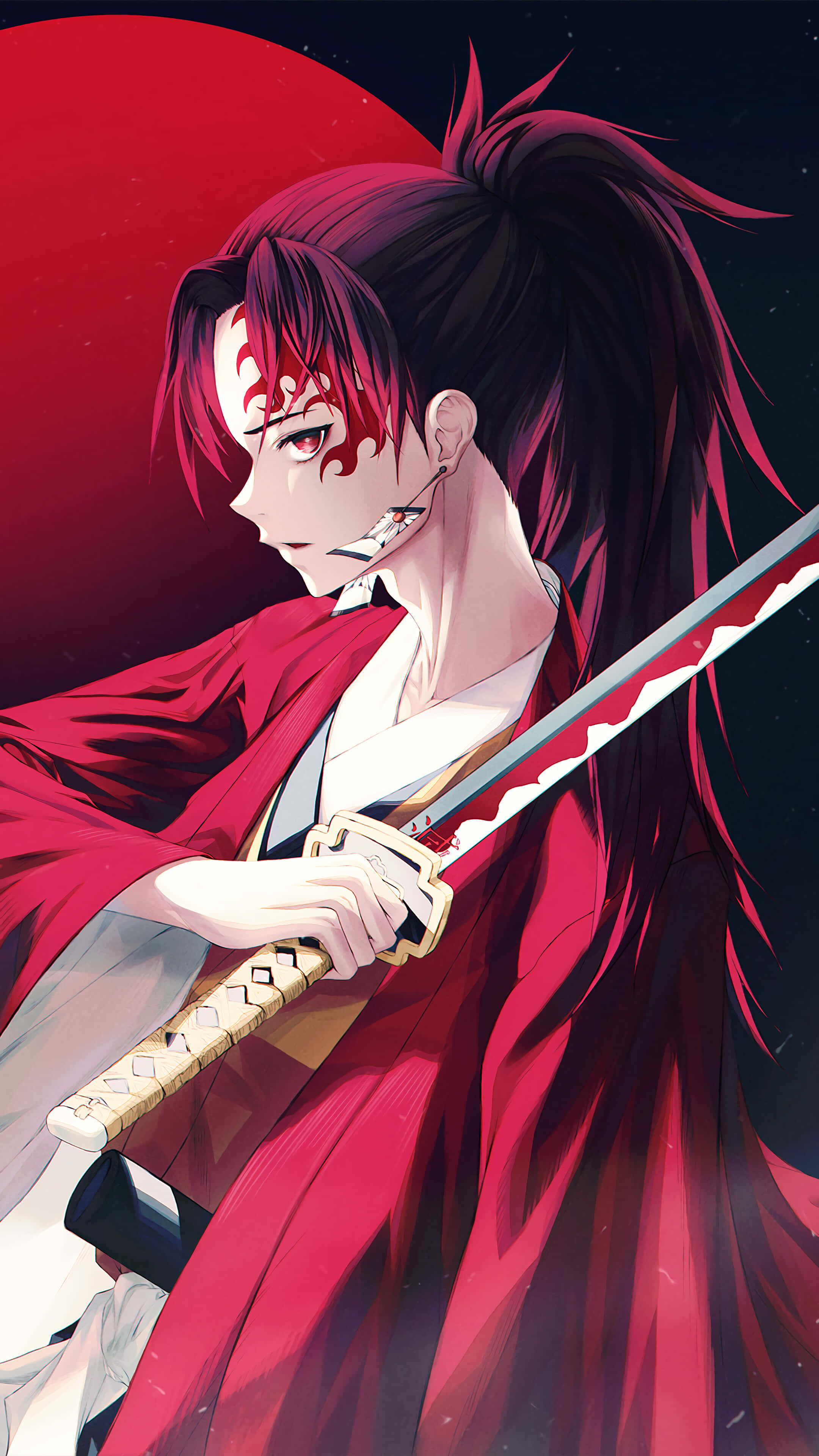 Yoriichi Tsugikuni, red-haired anime warrior, flowing red kimono, 4K Phone Wallpaper