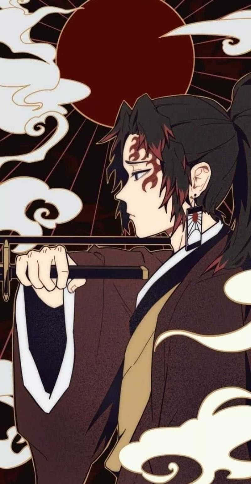 Yoriichi Tsugikuni, flame-patterned face, sword, HD Phone Wallpaper