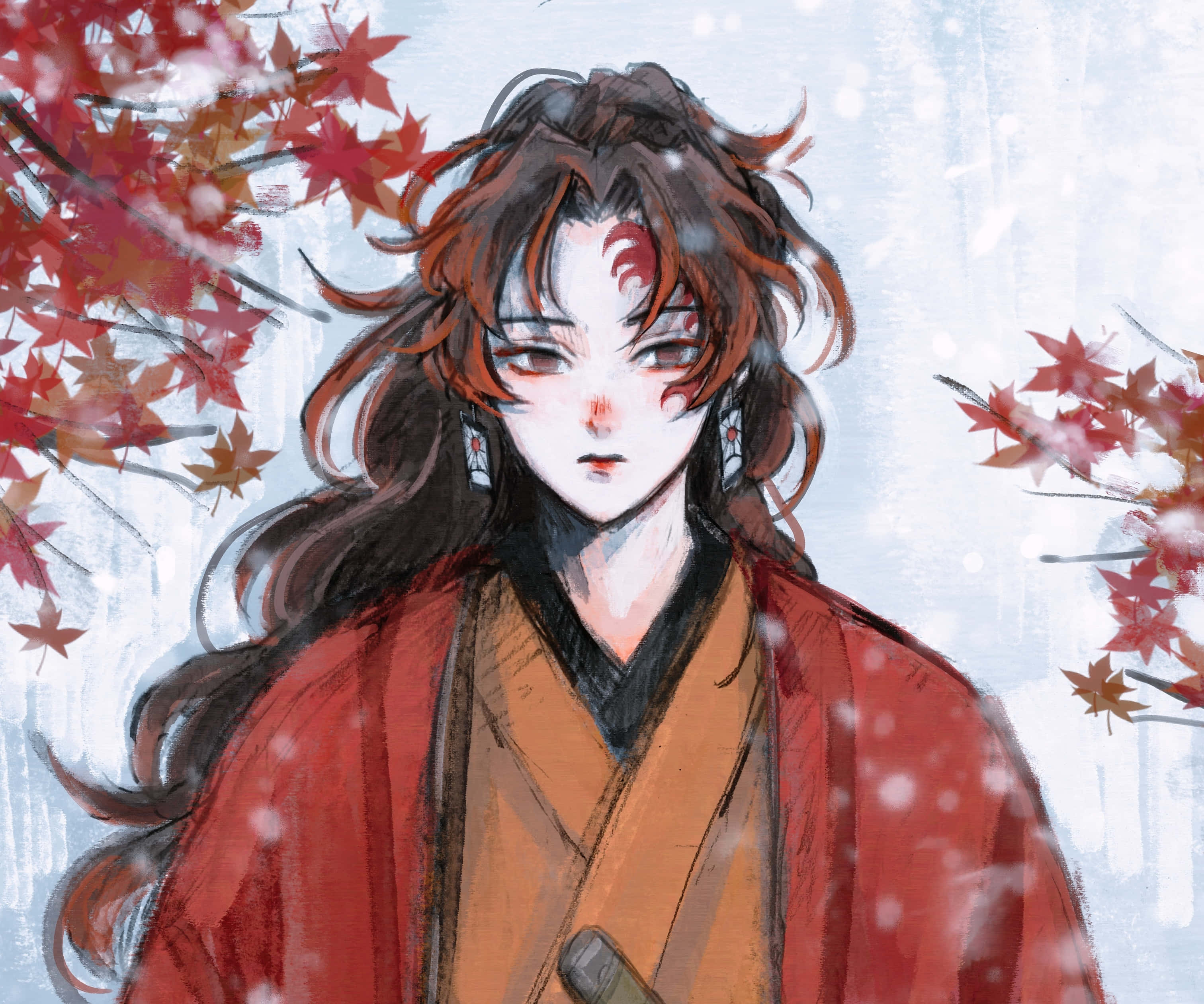 Yoriichi Tsugikuni, red hair, traditional robes, 2K Desktop Wallpaper