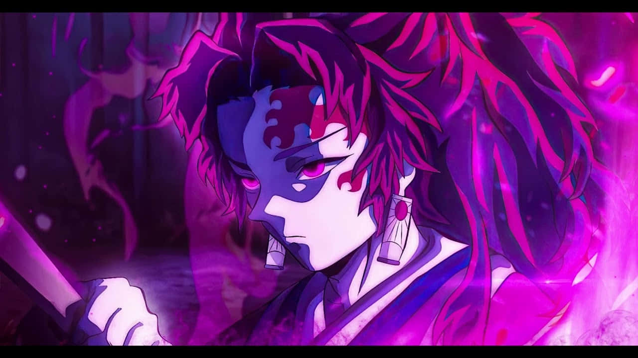 Yoriichi Tsugikuni, glowing pink eyes, vibrant purple hair, HD Desktop Wallpaper