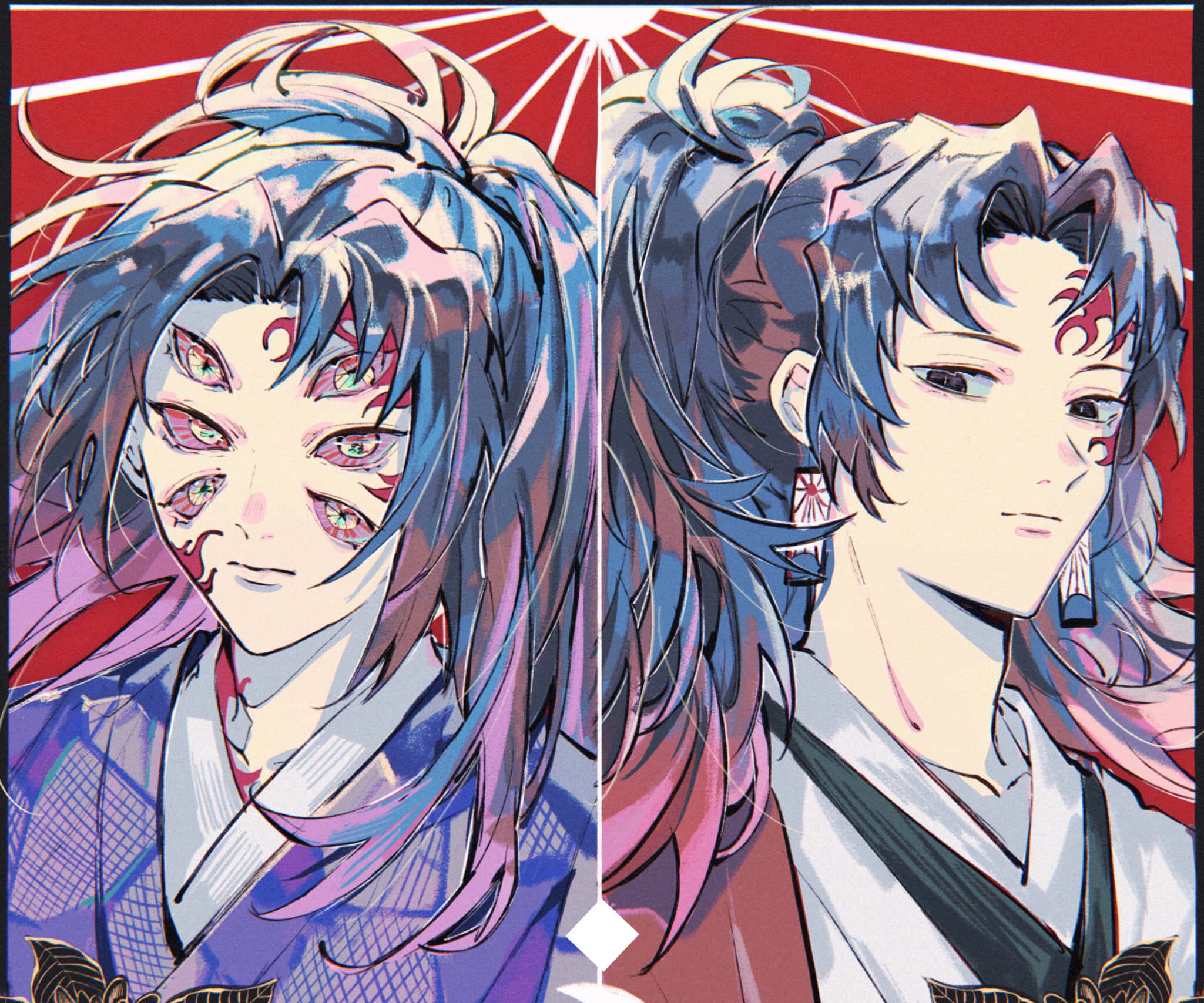 Yoriichi Tsugikuni, blue hair, red markings, Full HD Desktop Wallpaper