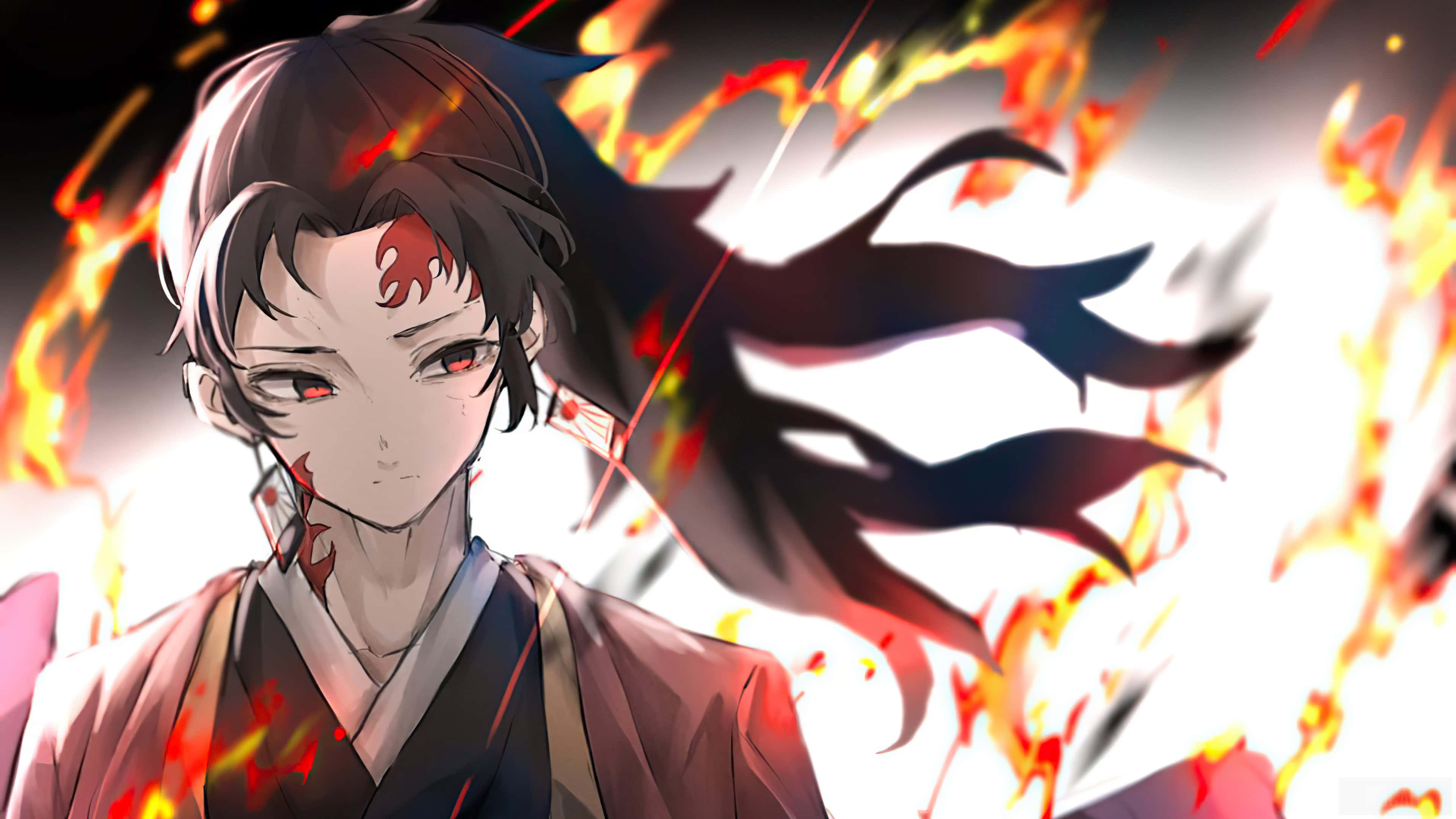 Yoriichi Tsugikuni, fiery red eyes, flame motifs, 4K Desktop Wallpaper