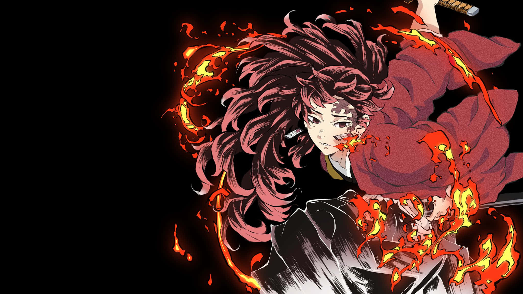 Yoriichi Tsugikuni, fiery red hair, flames swirling, Full HD Desktop Wallpaper