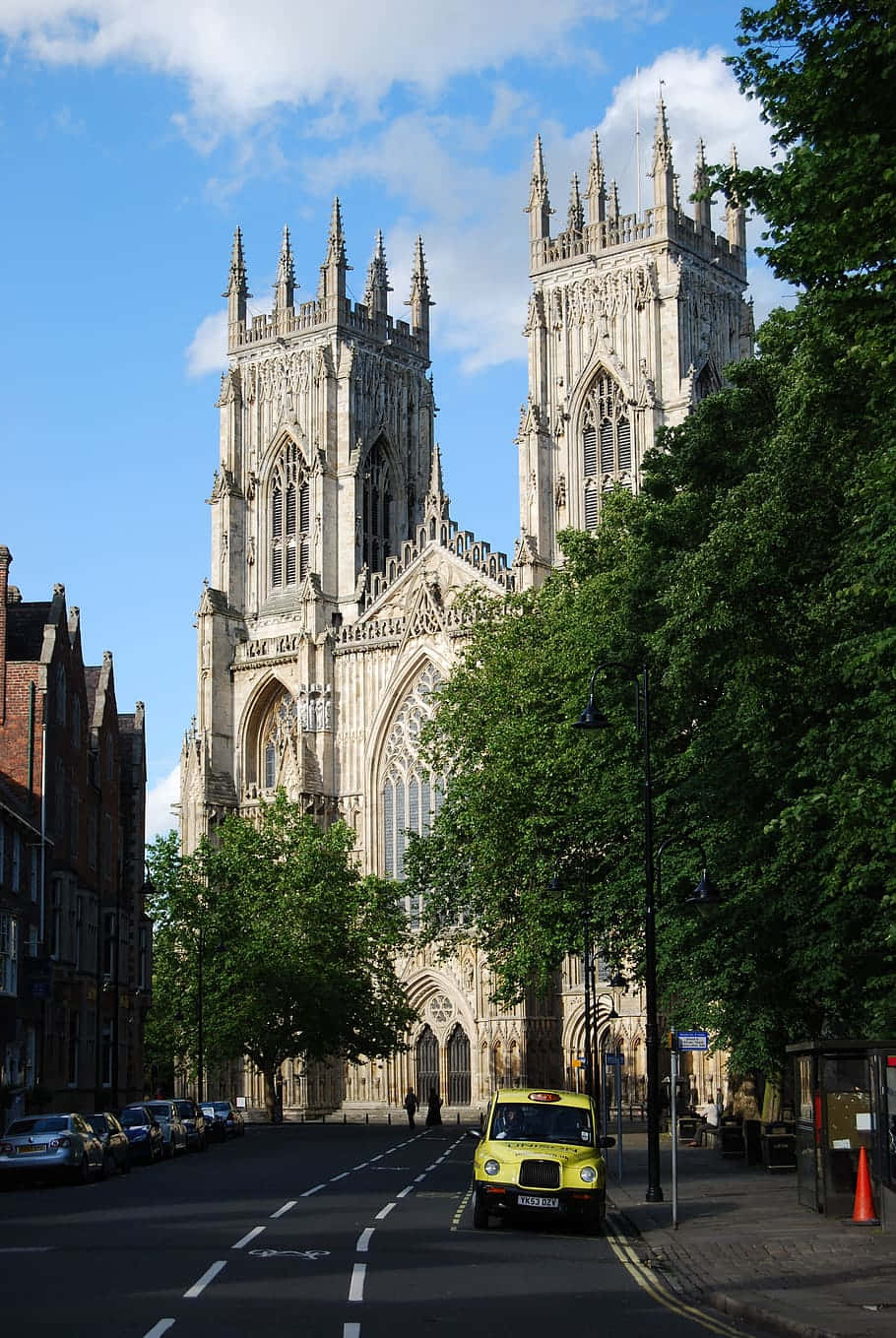 York Minster Cathedral, twin spires, tree-lined street, HD Phone Wallpaper