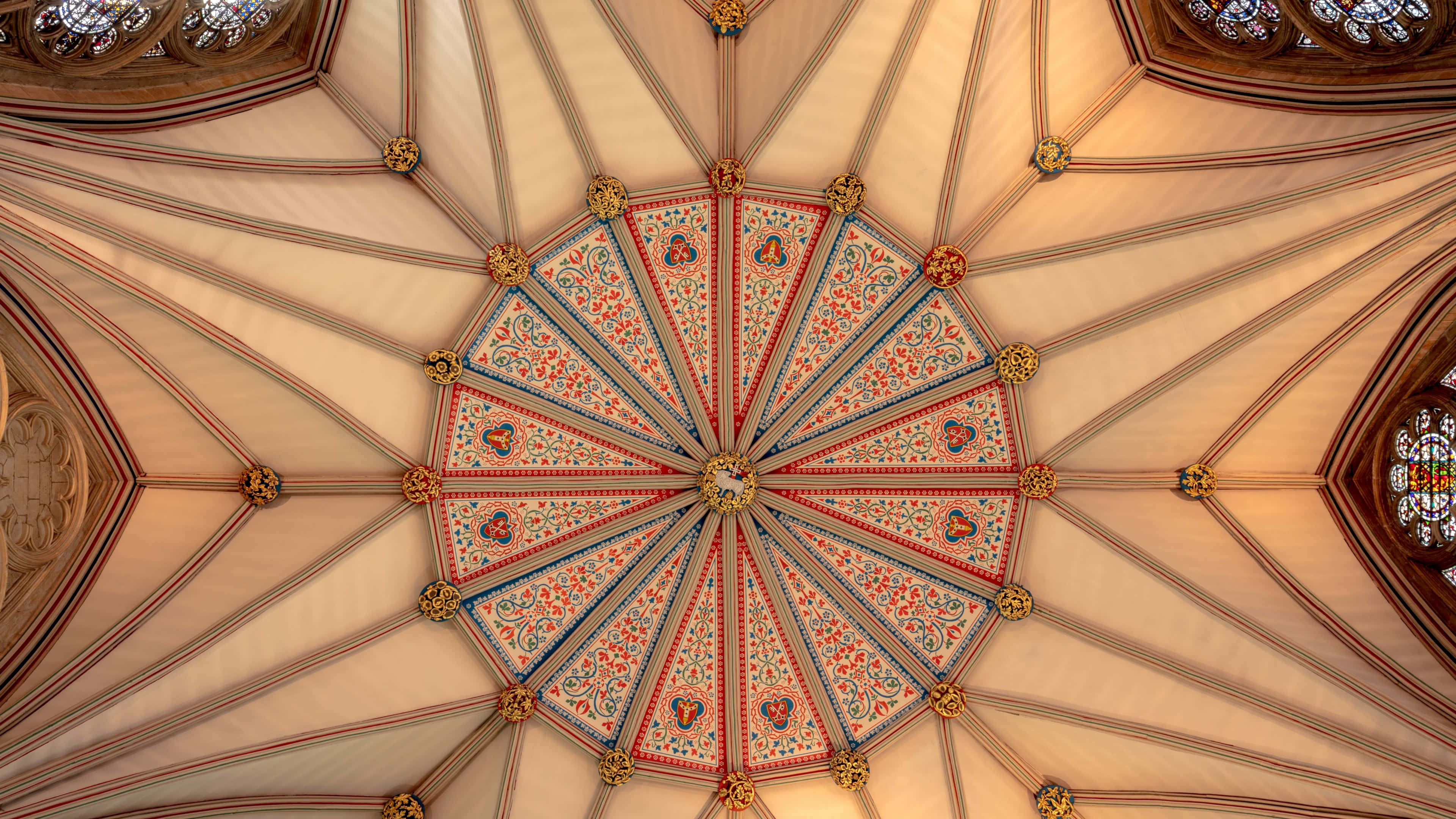 vaulted ceiling, York Minster Cathedral, colorful radial pattern, 4K Desktop Wallpaper