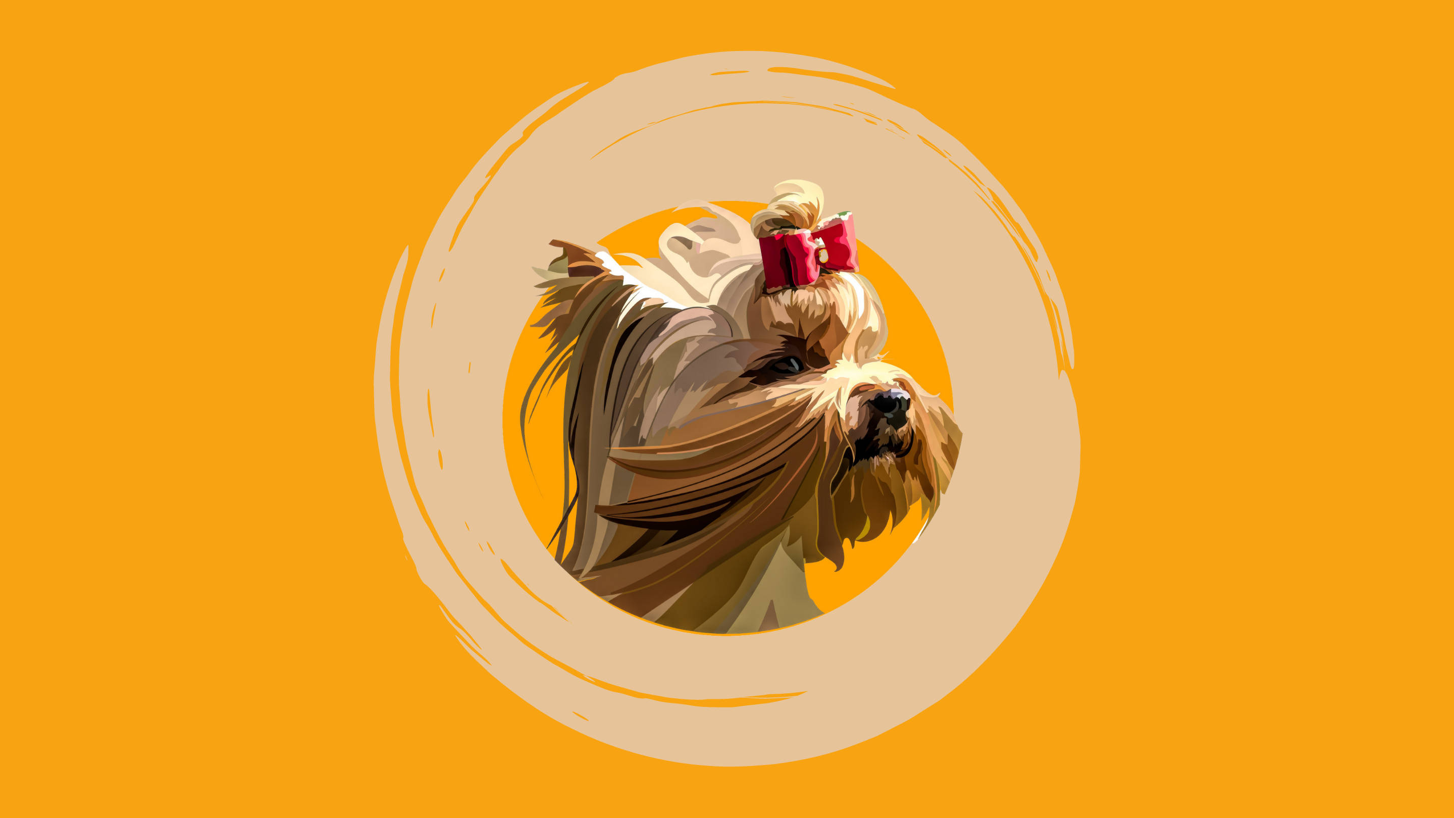Yorkshire Terrier, red bow, beige circular frame, 2K Desktop Wallpaper
