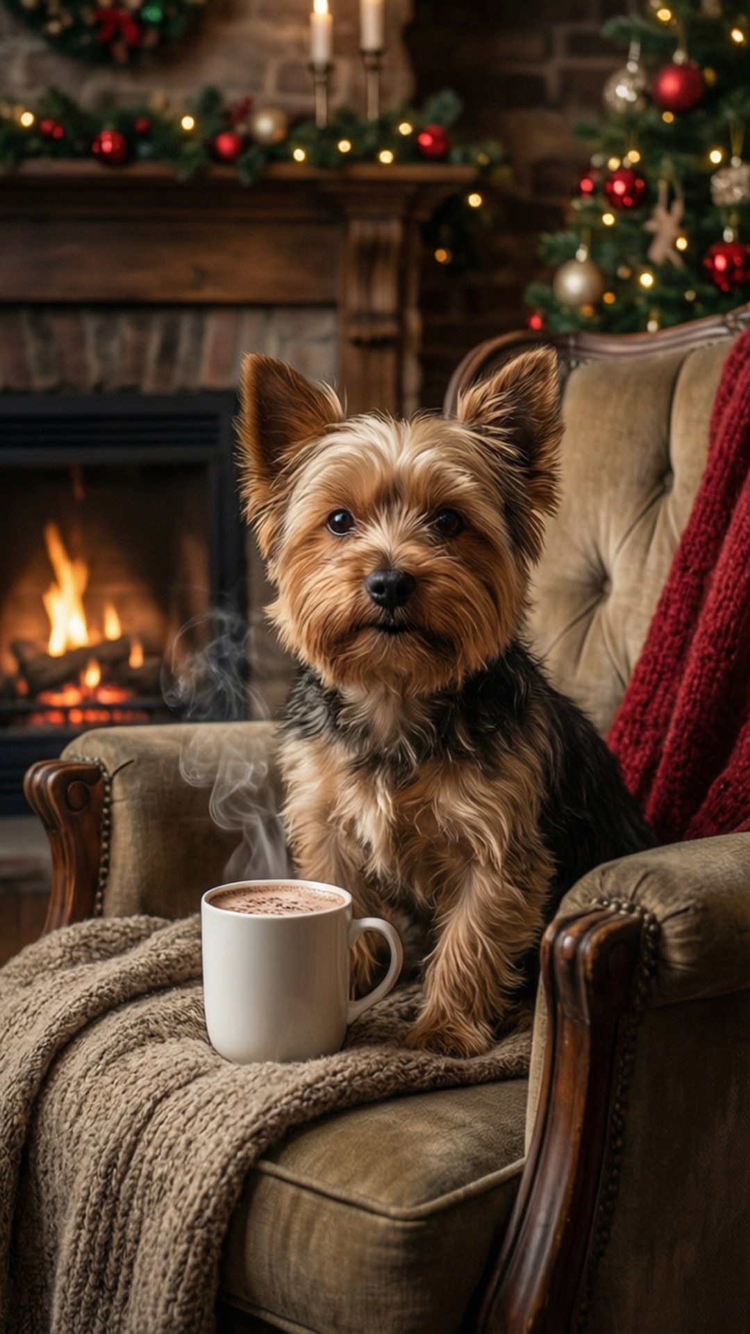 Yorkshire terrier, cozy armchair, steaming mug, Full HD Phone Wallpaper