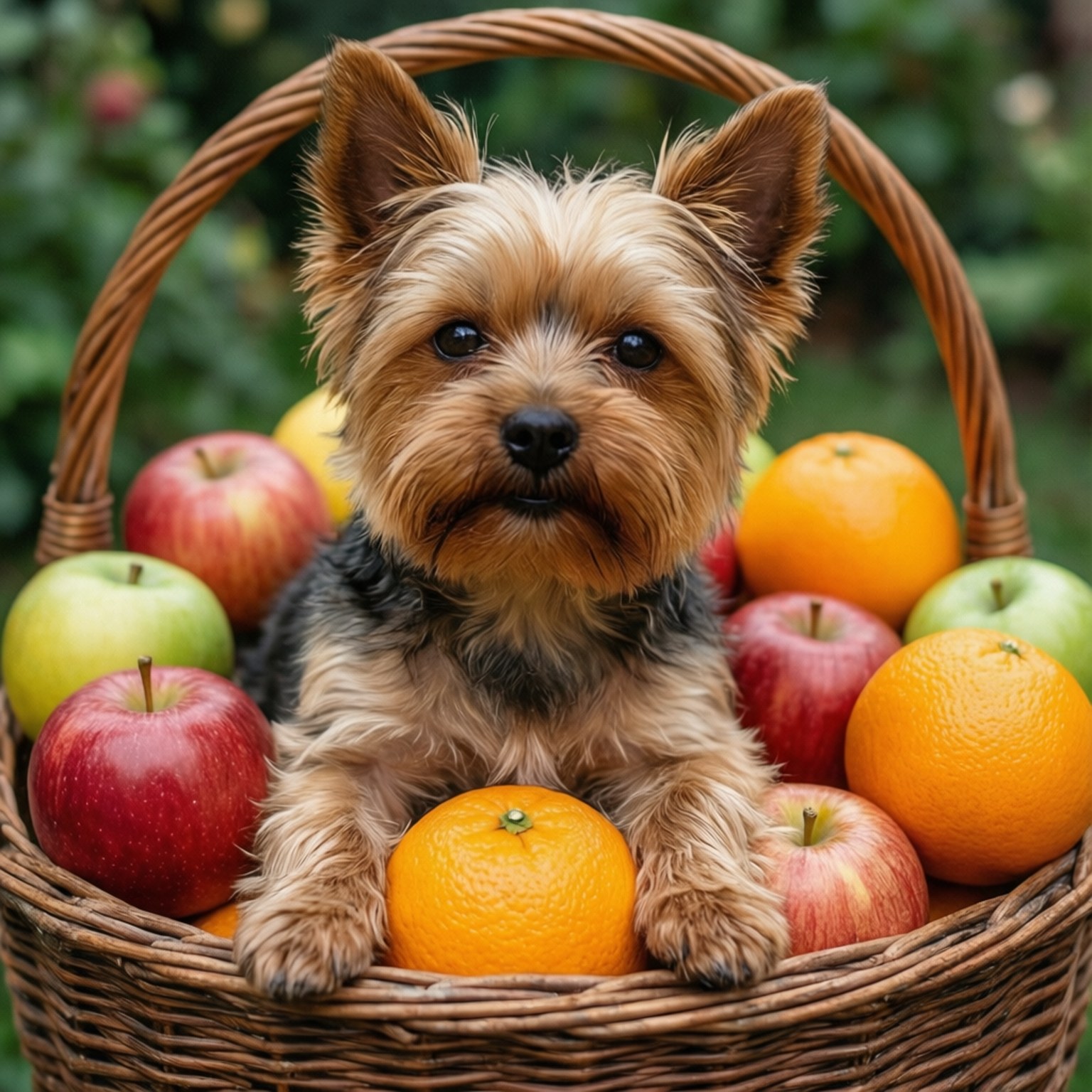 Fruit Basket Yorkie, Yorkshire terrier puppy, red apples, HD Desktop Wallpaper