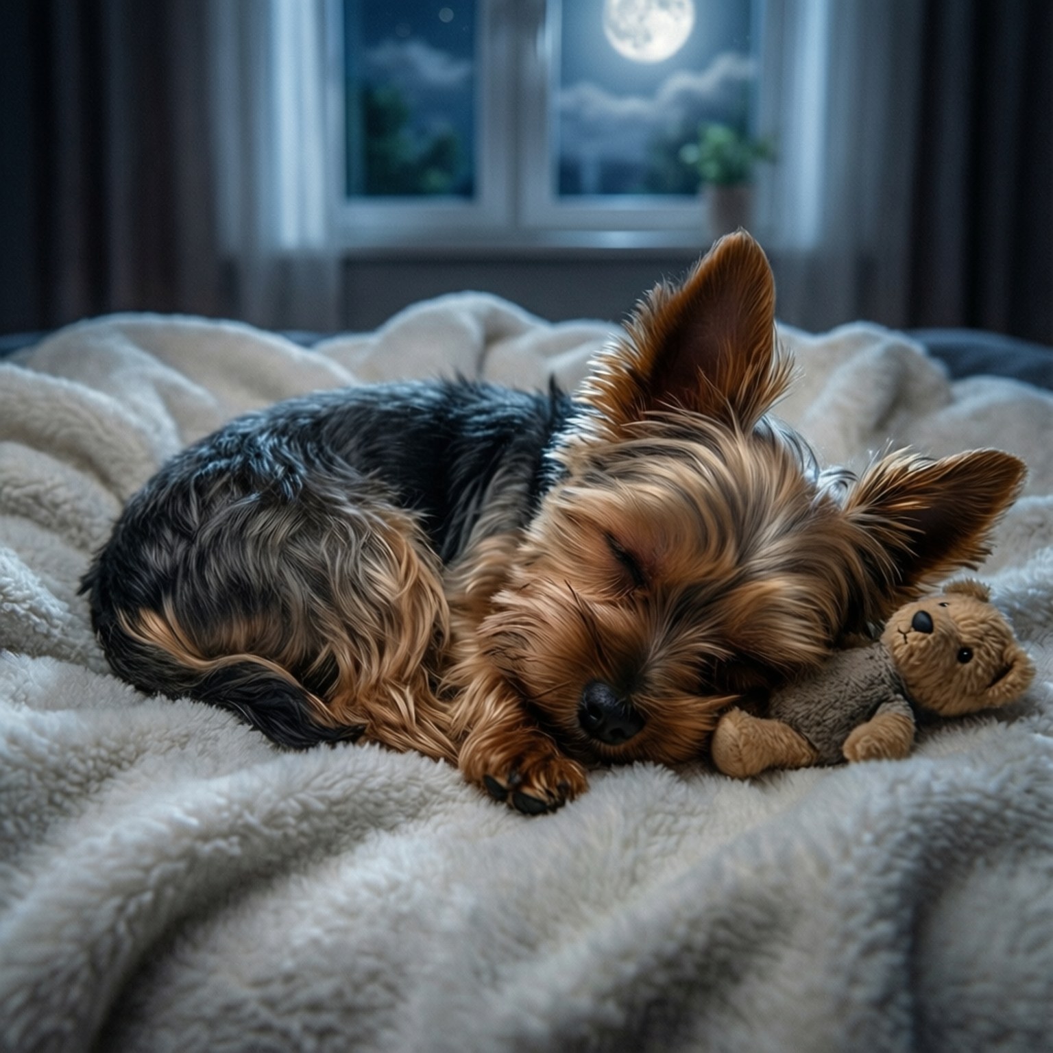 Yorkshire terrier, moonlit window, fluffy cream blanket, HD Desktop Wallpaper