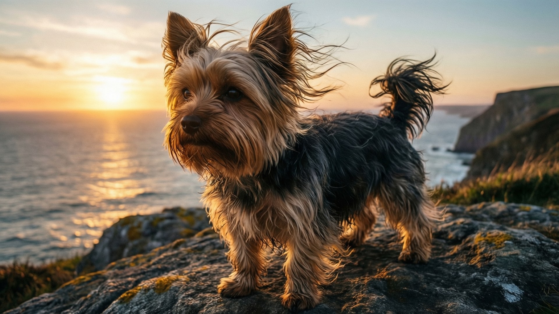 Yorkshire terrier, sunset, cliff, Full HD Desktop Wallpaper