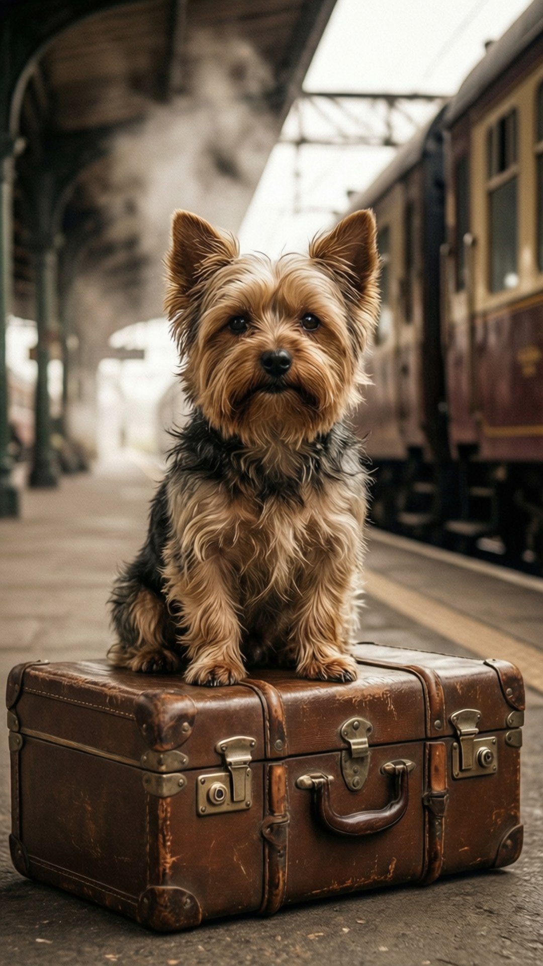 Yorkshire terrier, weathered brown leather suitcase, vintage train station platform, Full HD Phone Wallpaper