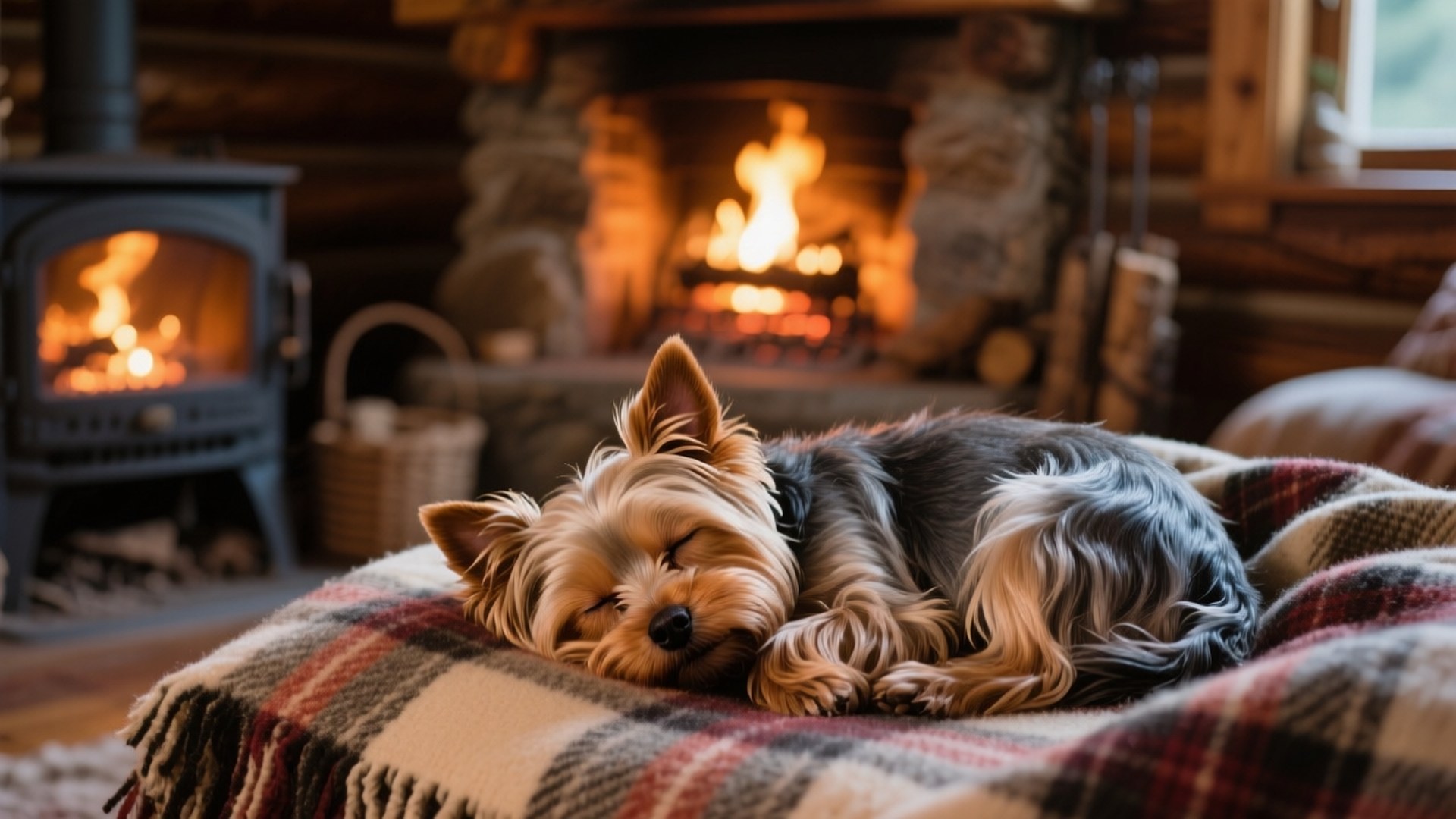 Yorkshire terrier, plaid blanket, stone fireplace, Full HD Desktop Wallpaper