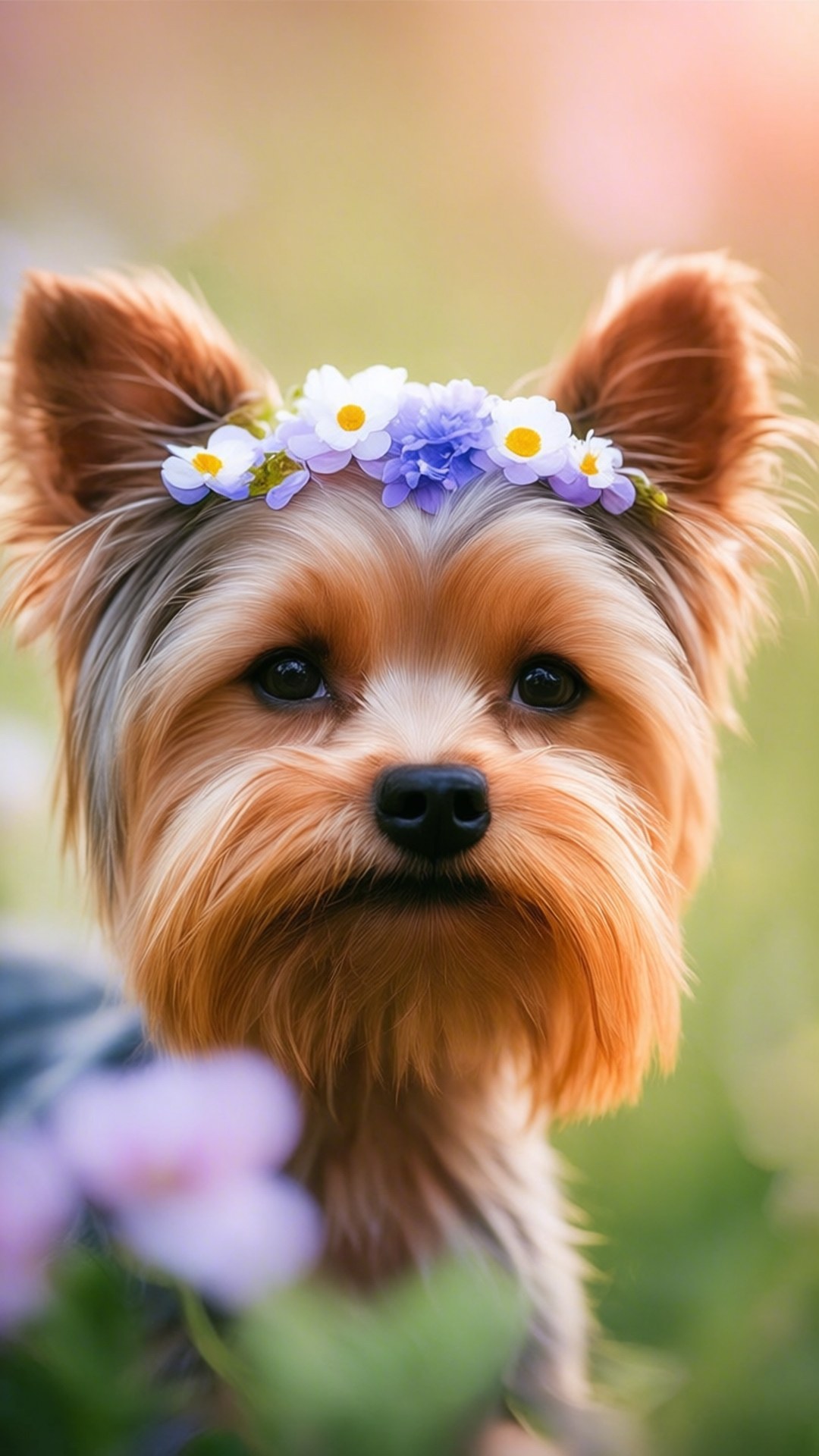 floral crown, Yorkshire terrier, white blossoms, Full HD Phone Wallpaper
