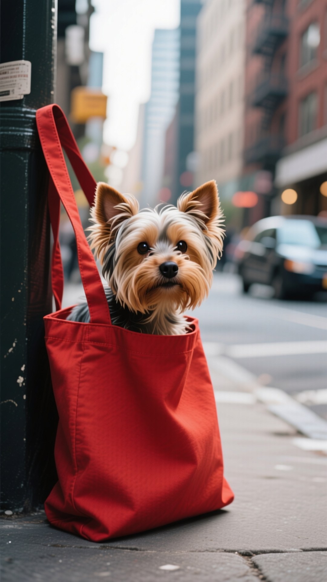 Yorkshire terrier, bright red tote bag, city sidewalk pole, Full HD Phone Wallpaper
