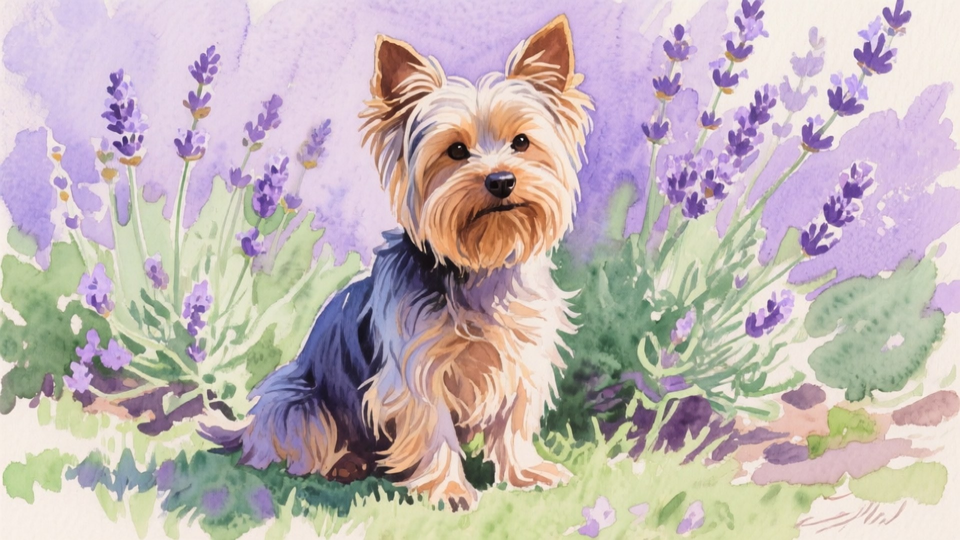 watercolor, lavender, Yorkshire terrier, Full HD Desktop Wallpaper