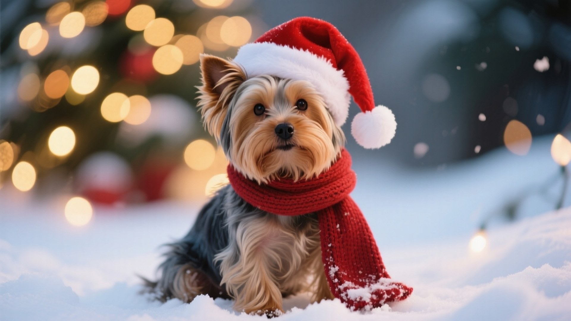 Yorkshire terrier, red Santa hat, scarf, Full HD Desktop Wallpaper