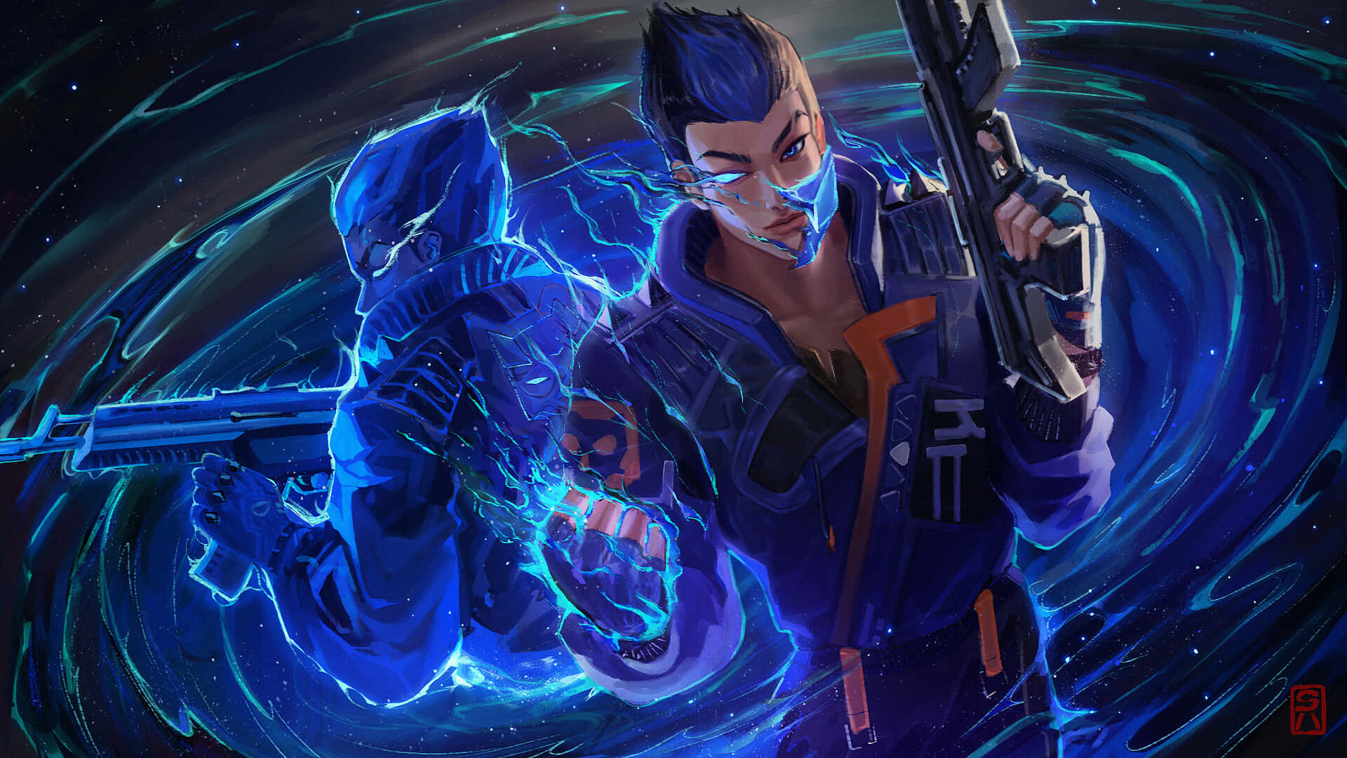 Yoru Valorant, cyberpunk warriors, glowing blue energy weapons, Full HD Desktop Wallpaper