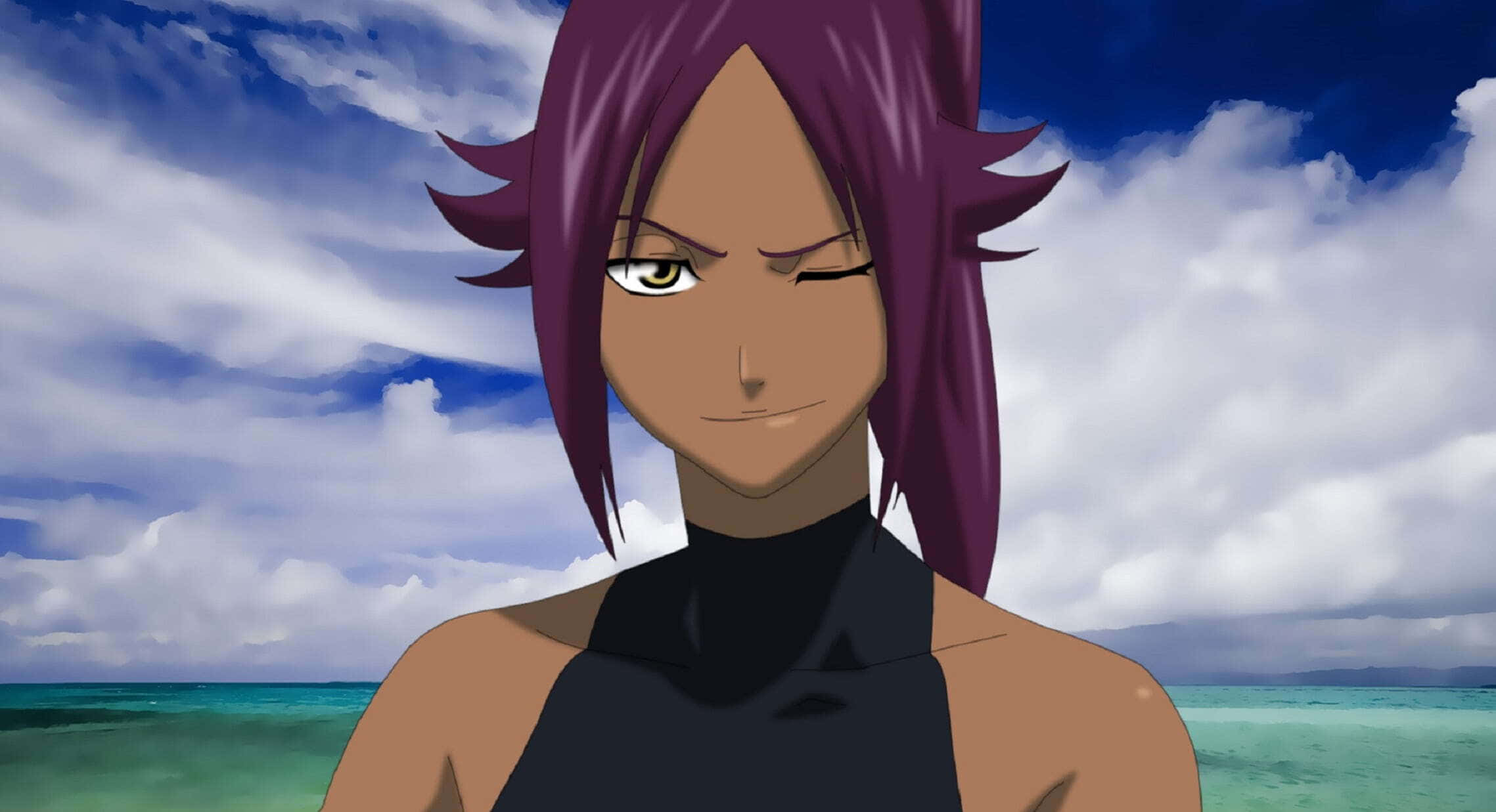 Yoruichi Shihoin, purple hair, vibrant ocean, Full HD Desktop Wallpaper