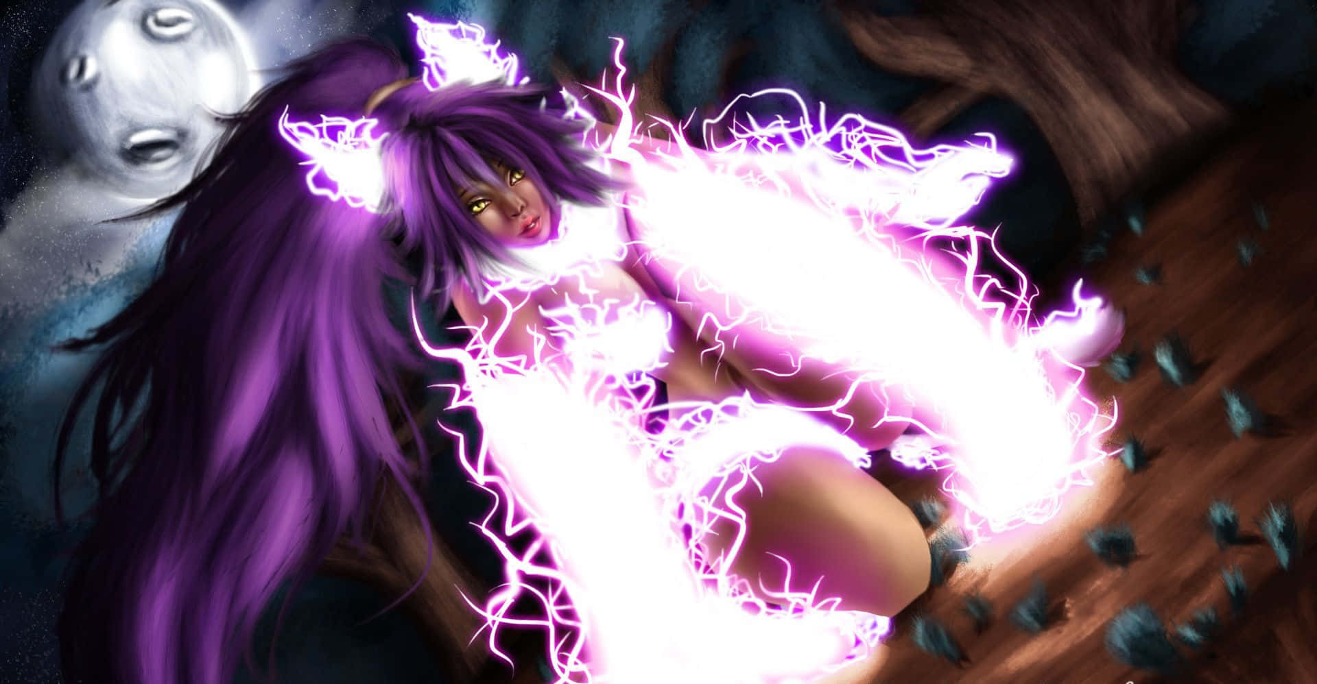 Yoruichi Shihoin, purple-haired, glowing eyes, Full HD Desktop Wallpaper