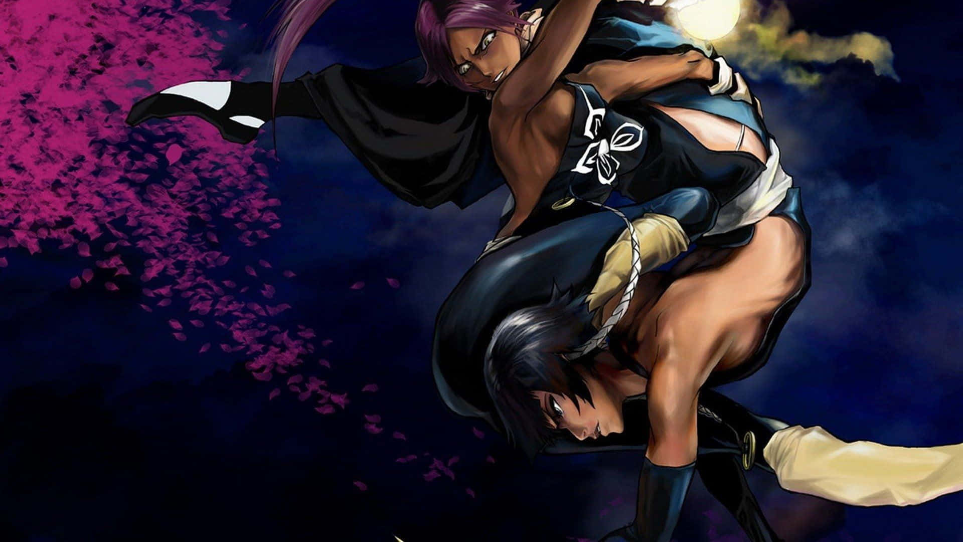 Yoruichi Shihoin, moonlit sky, pink cherry blossoms, Full HD Desktop Wallpaper
