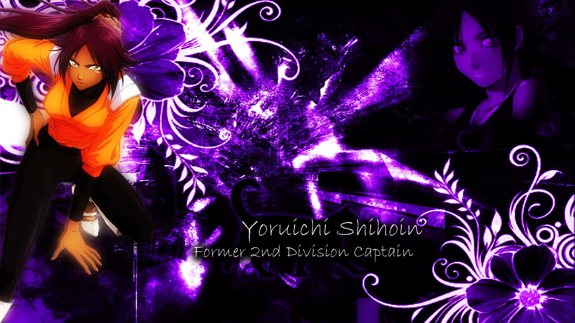 Yoruichi Shihoin, orange and black, vibrant purple floral background, Full HD Desktop Wallpaper