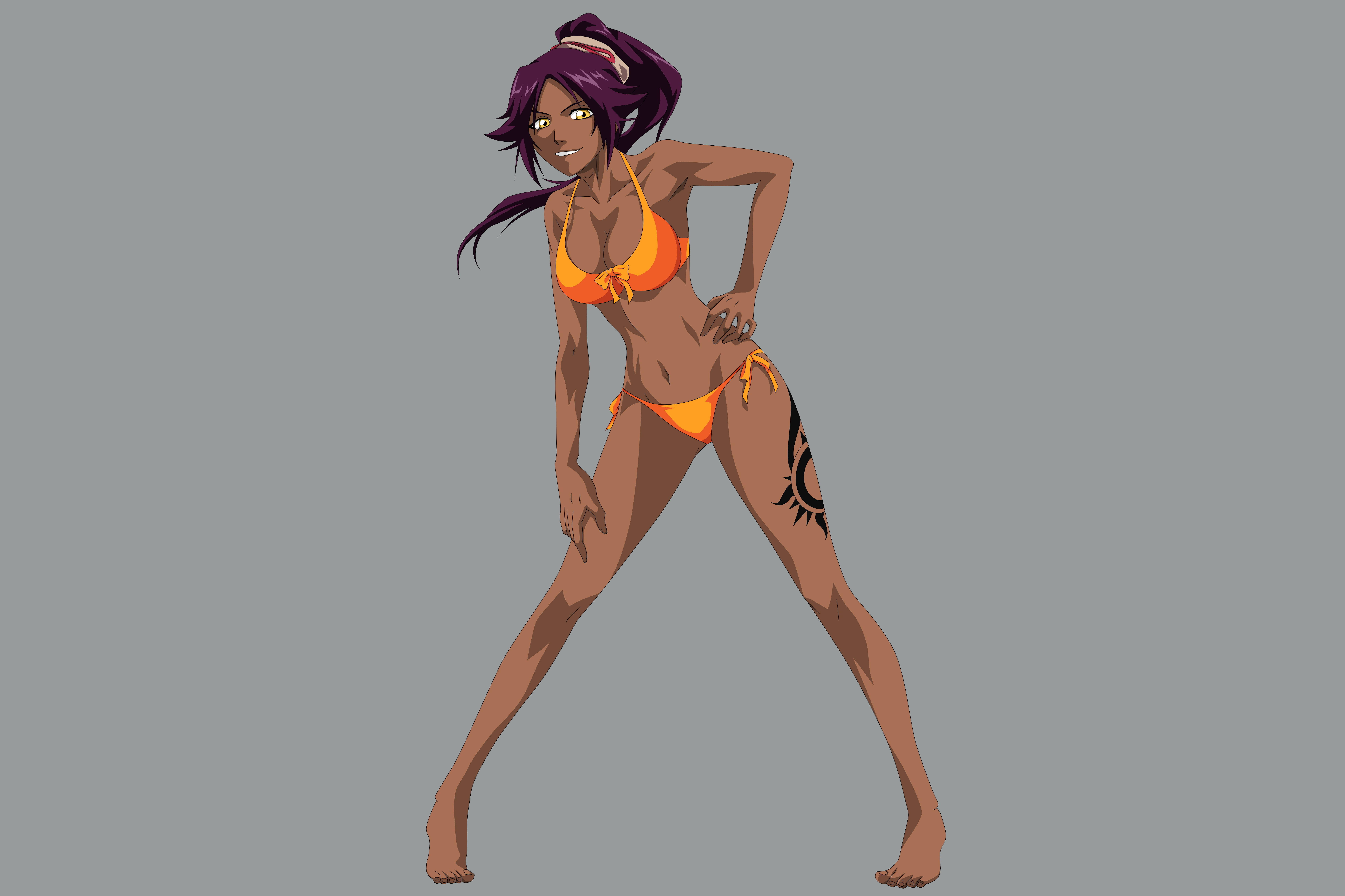Yoruichi Shihoin, purple hair, orange bikini, 8K Desktop Wallpaper