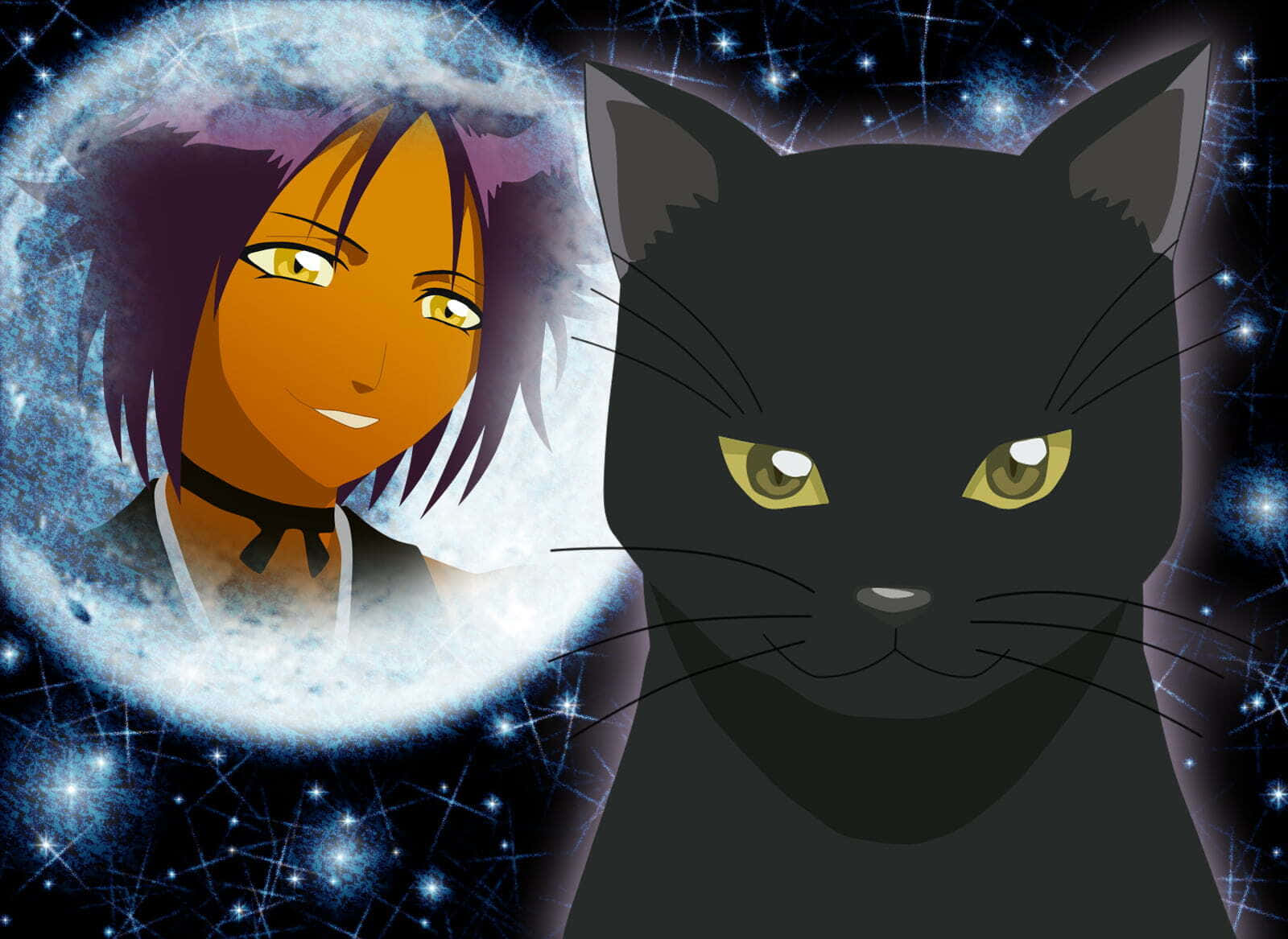 Yoruichi Shihoin, black cat with golden eyes, starry cosmic backdrop, HD Desktop Wallpaper