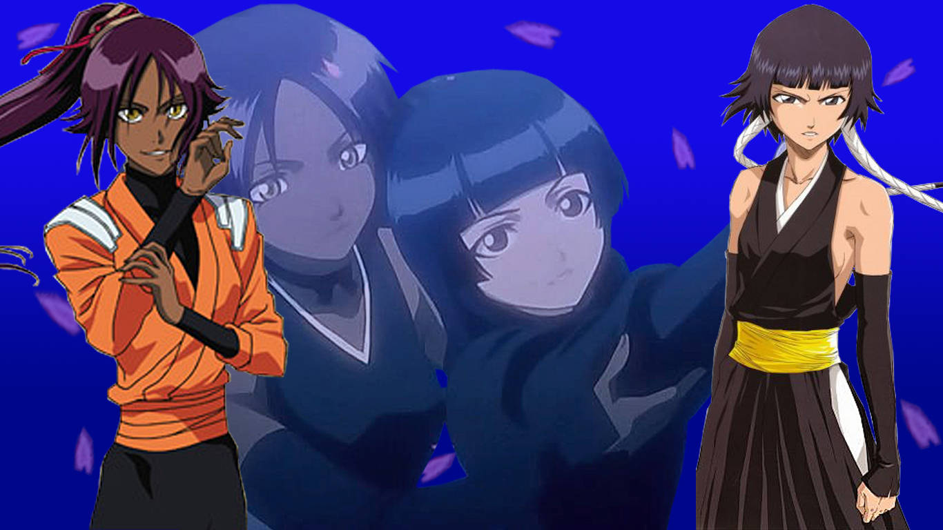Yoruichi Shihouin, deep blue background, floating pink petals, HD Desktop Wallpaper